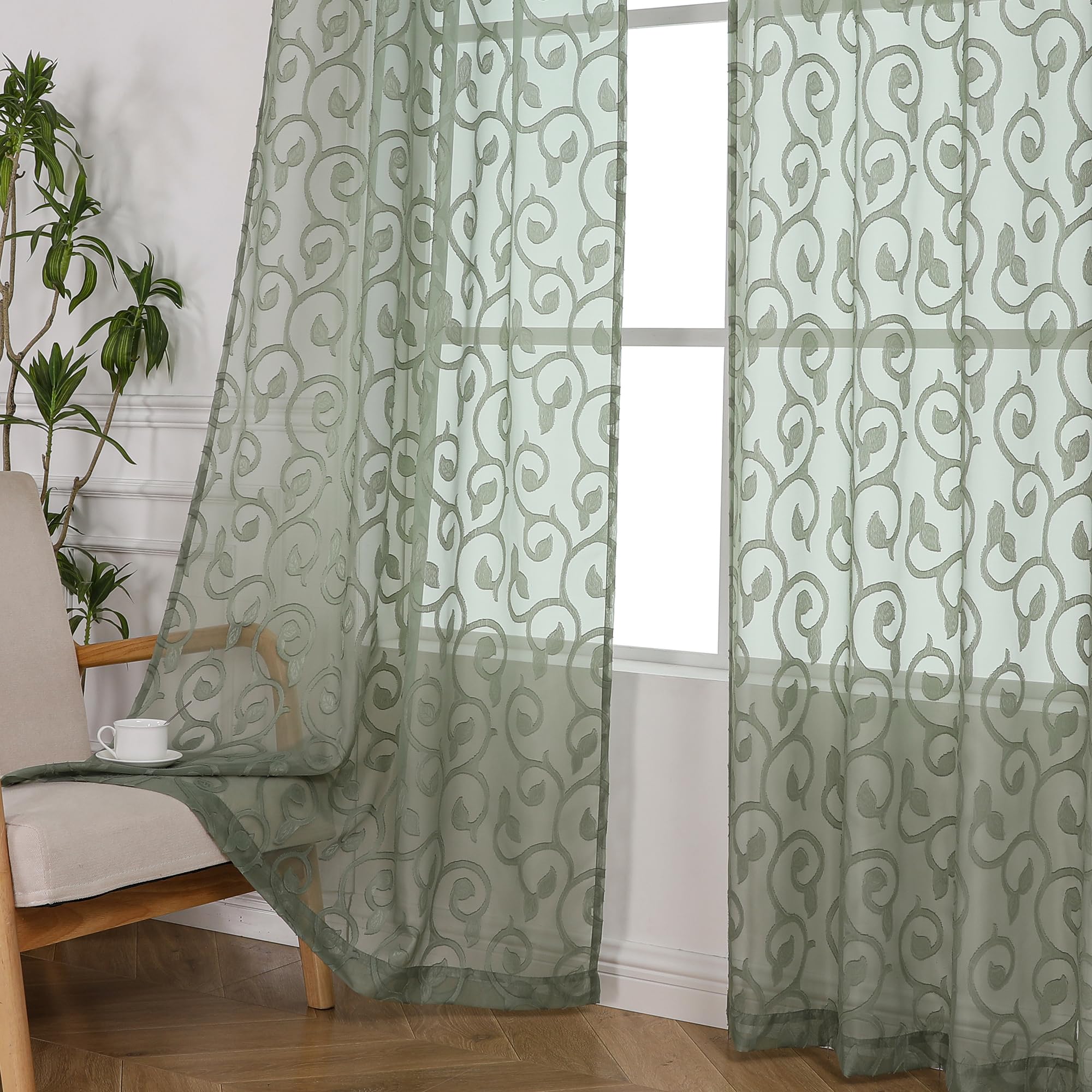 OWENIE Furman Extra Long Sheer Sage Green Curtains 96 inches Long for Bedroom Living Room 2 Panels Set, Light Filtering Soft Semi Sheer Jacquard Clip Farmhouse Curtains Rod Pocket Design, 52Wx96L inch — image 1