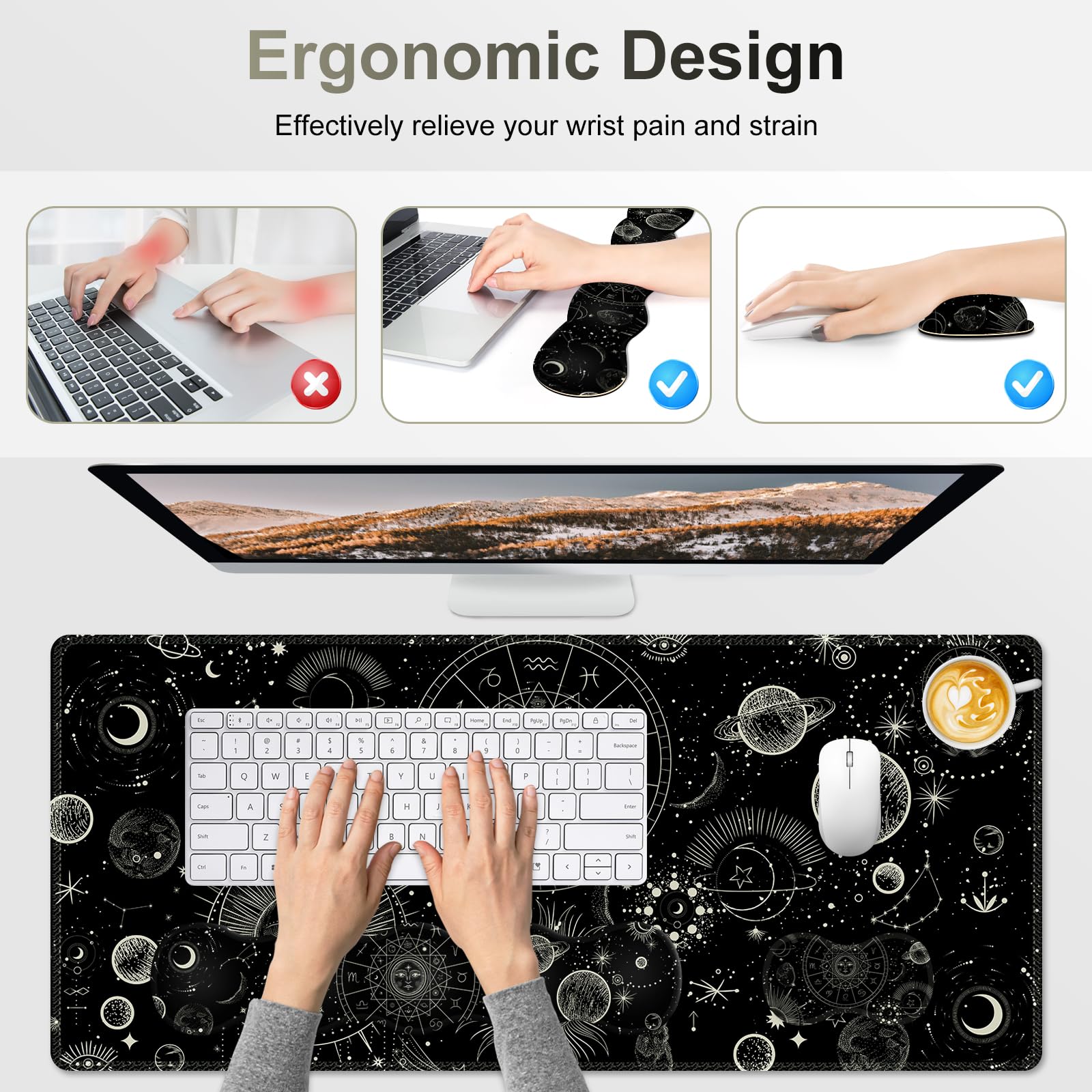 NXZGO Gaming Mouse Pad Keyboard Wrist Support, 4 in1 Mousepad Set with Wrist Keyboard Rest, Computer Desk Mat, Non-Slip Desk Pad Protector with Memory Foam Easy Typing Pain Relief I Moon Sun Cosmic