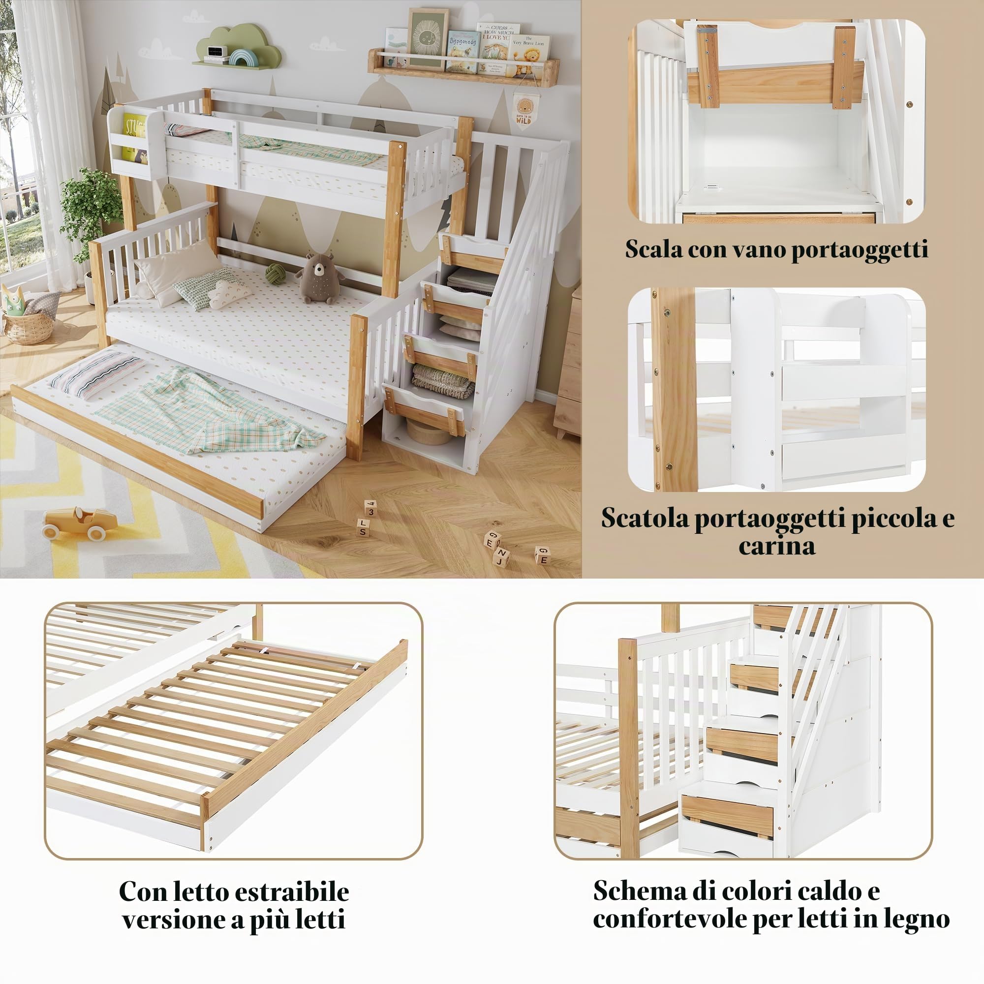 Letto a castello 90 x 200 e 120 x 200 cm, con letto a rotelle, design speciale di rivestimento della porta, scala angolare, pino+MDF, bianco e naturale
