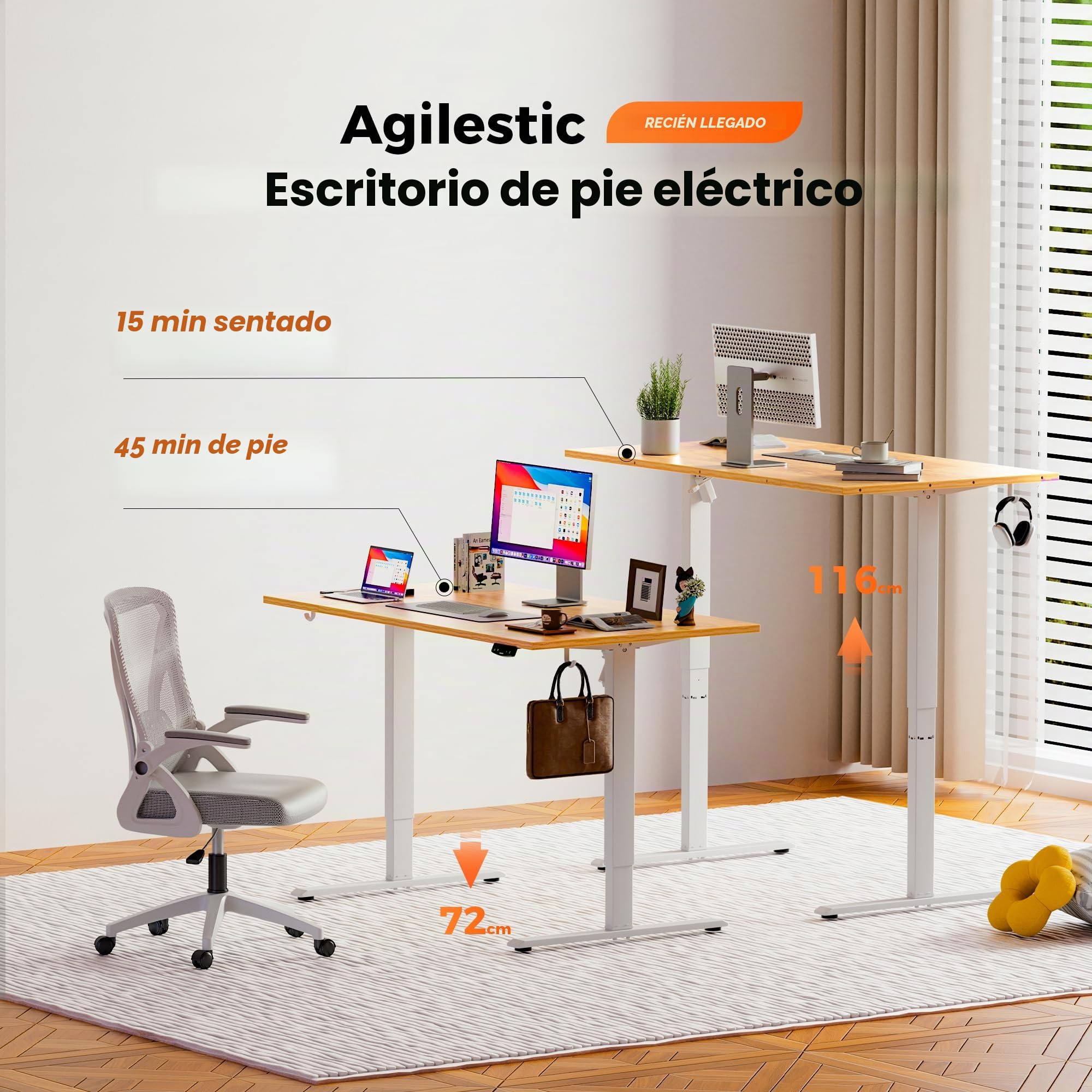 Agilestic Escritorio Elevable Eléctrico 160x80 cm, 2 Memorias, Marrón Claro | Altura eléctrica regulable, sistema anticolisión y motor silencioso. Carga 70 kg, ideal para oficina y gaming.