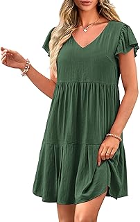 PRETTYGARDEN Women's 2024 Summer Casual Short Dress Cap Sleeve V Neck Tiered Ruffle Swing A Line Dresses
