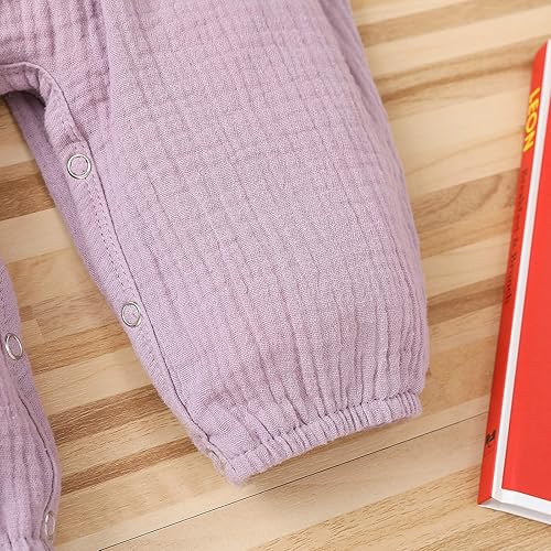 Miniatura 8 de Mono de algodón para bebé, ropa de niña con lazo para niña, un mameluco de encaje de lino para niñas de 0 a 24 meses (morado, 0 a 3 meses)