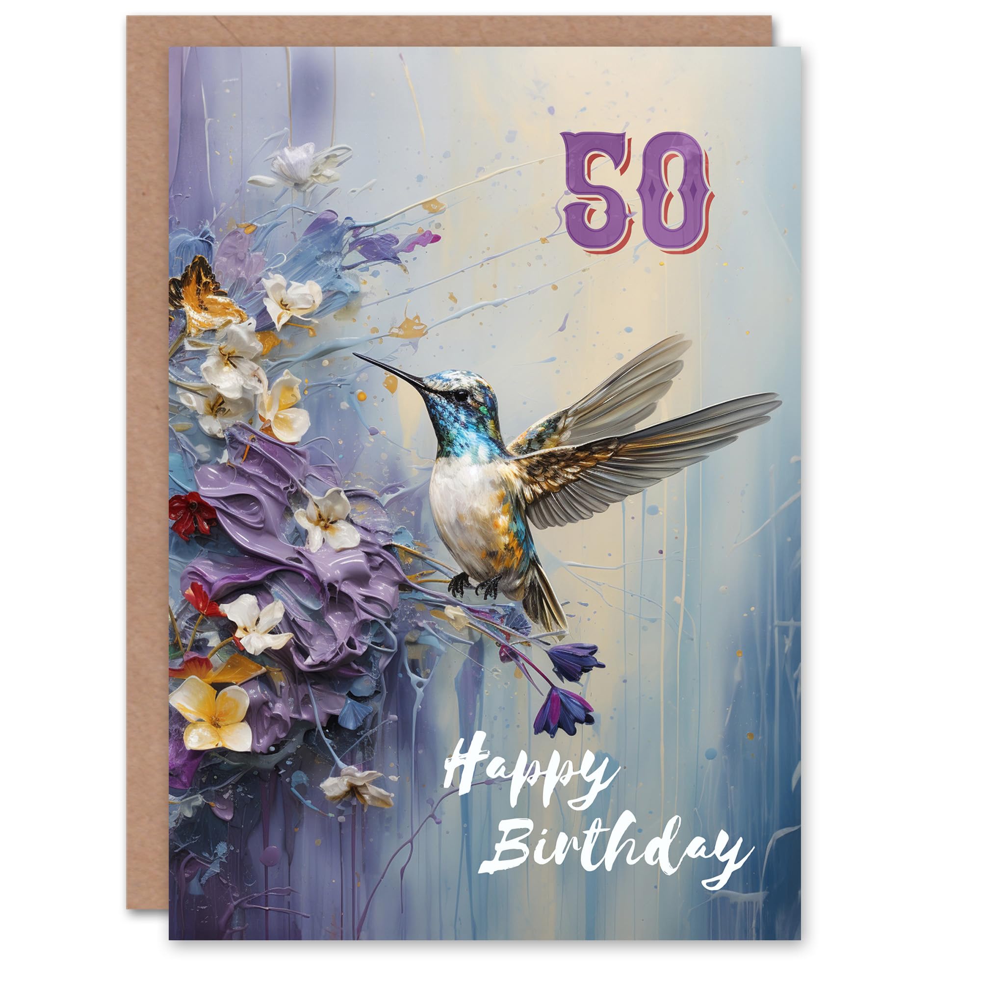 Artery8 50th Birthday Greeting Card Hummingbird Flowers Painting Age 50 For Her
