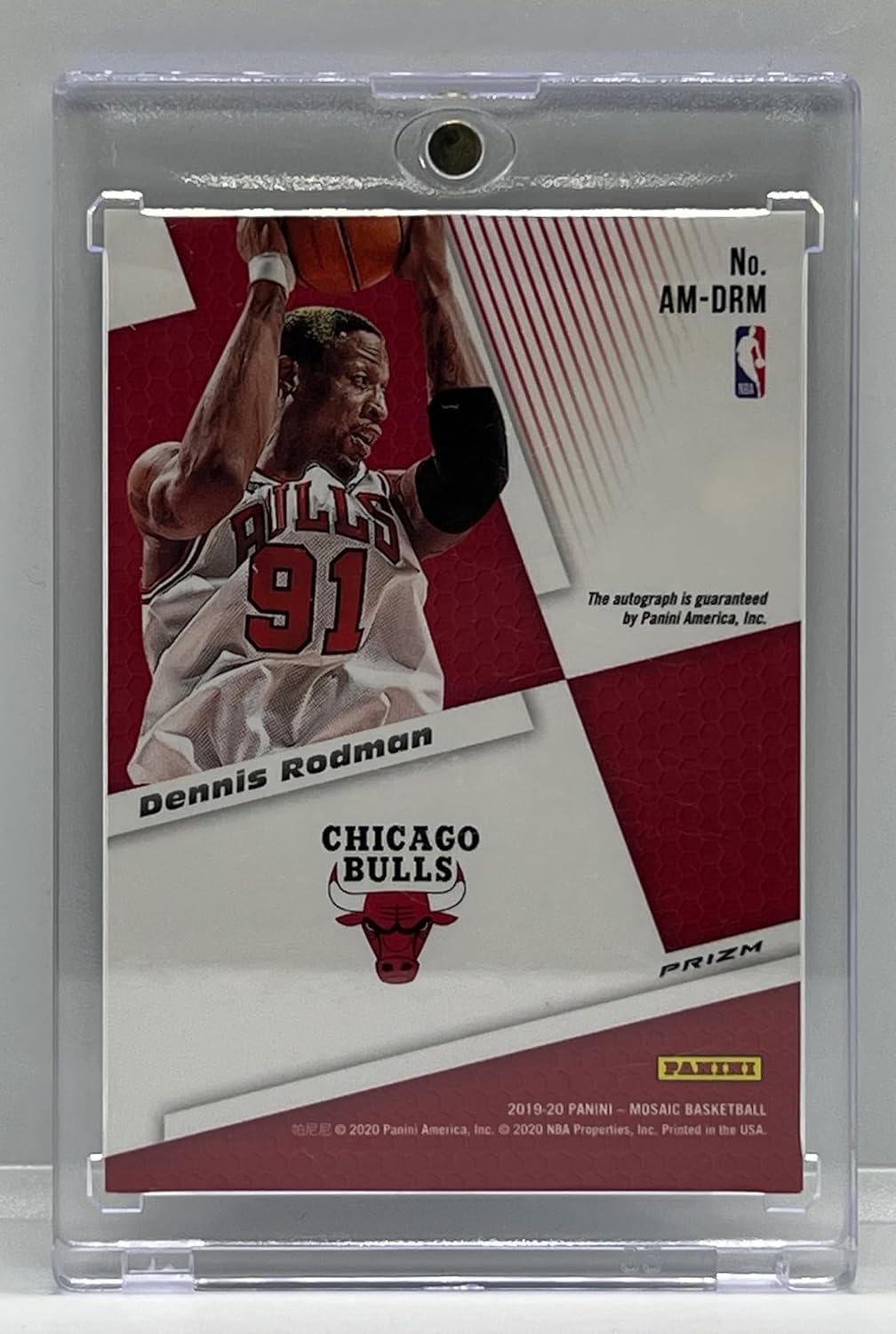 Dennis Rodman Autographed Choice Fusion Red Mosaic Prizm Auto Mosaic Special Insert Collectible Basketball Card - 2019 Panini Mosaic Basketball Card #AM-DRM (Bulls) Ships in One Touch Case Holder