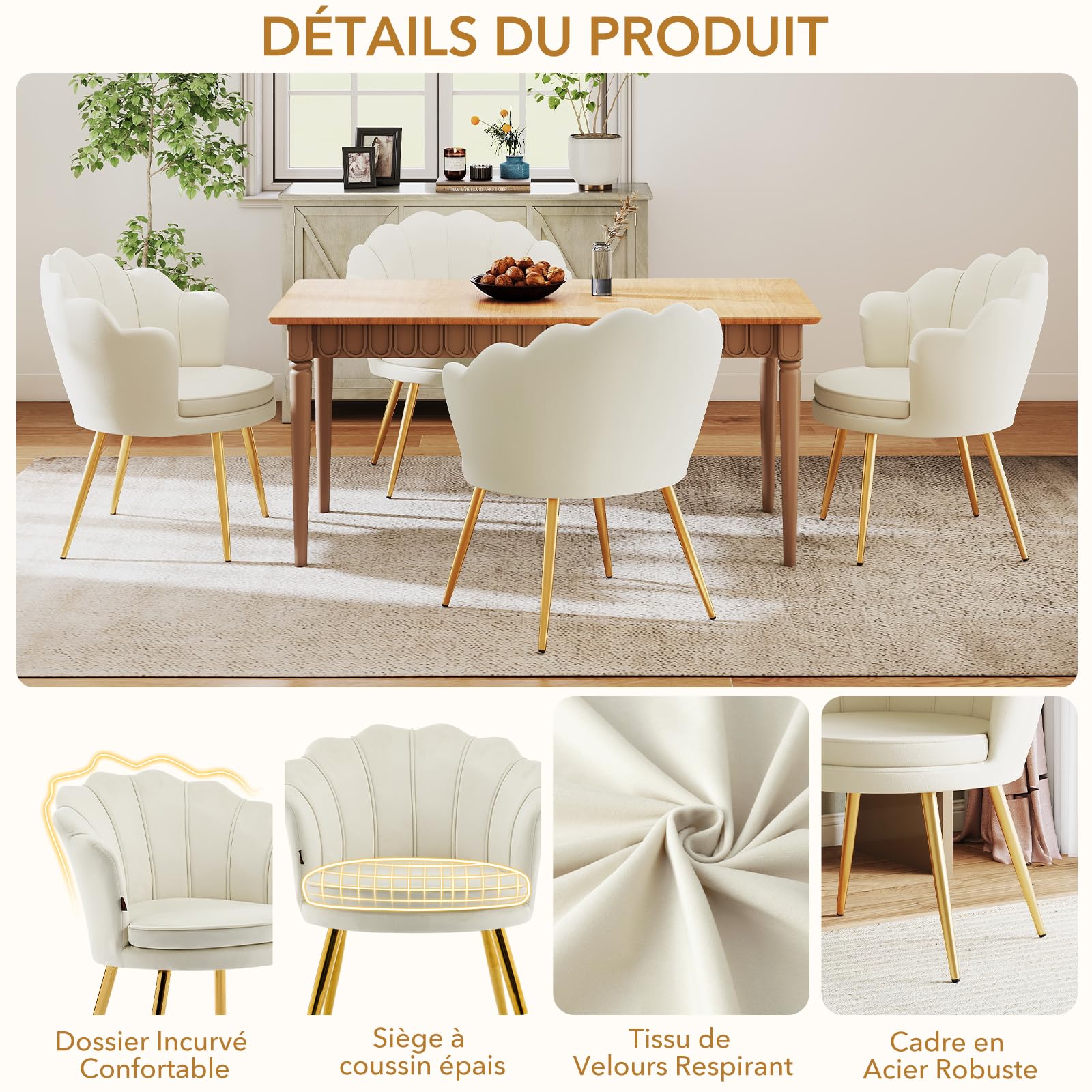 Chaise Coiffeuse, Fauteuil Coquillage en Velours, Fauteuils Salon Fauteuil Coiffeuse Confortable, Chaises Salle à Manger Chaise Rembourrée avec Pied Métal pour Chambre Salon, Beige