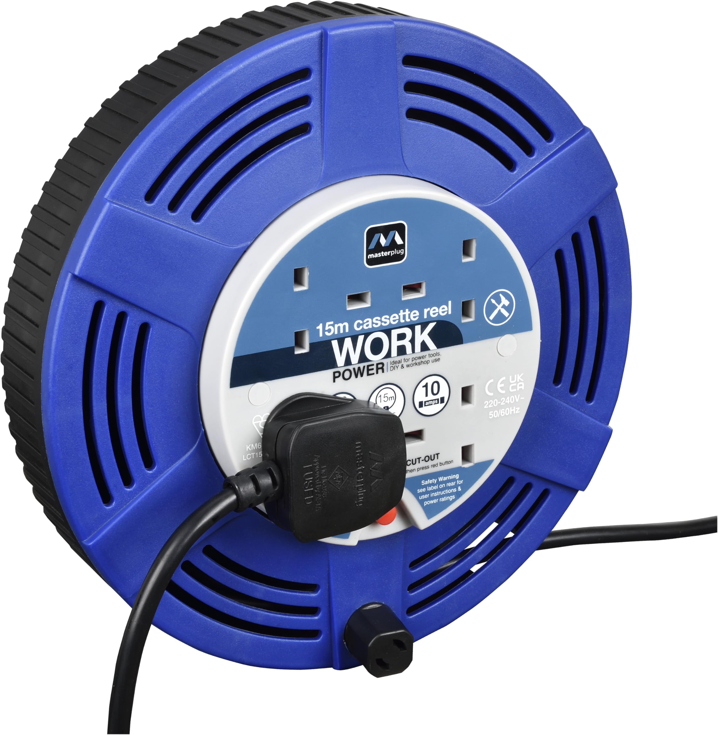 Masterplug Blue 10A 4 Socket Large Cassette Cable Reel 15M