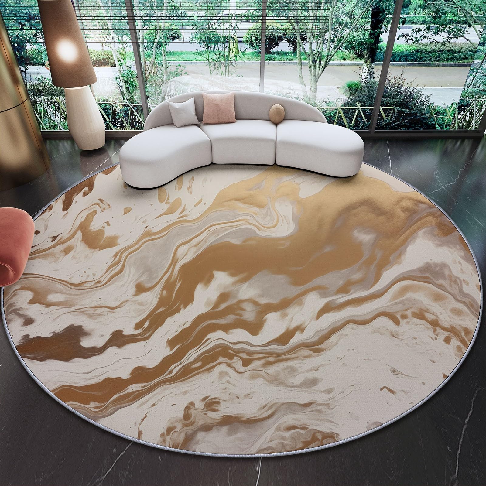 Flauschiger Runder Teppiche Runder 160 cm, Weicher Plüsch Teppich für Schlafzimmer Wohnzimmer - Abstrakt Marmorstruktur Flüssigkeit Farbverlauf Bedruckter Kinderteppich Kuscheliger Teppich Beige