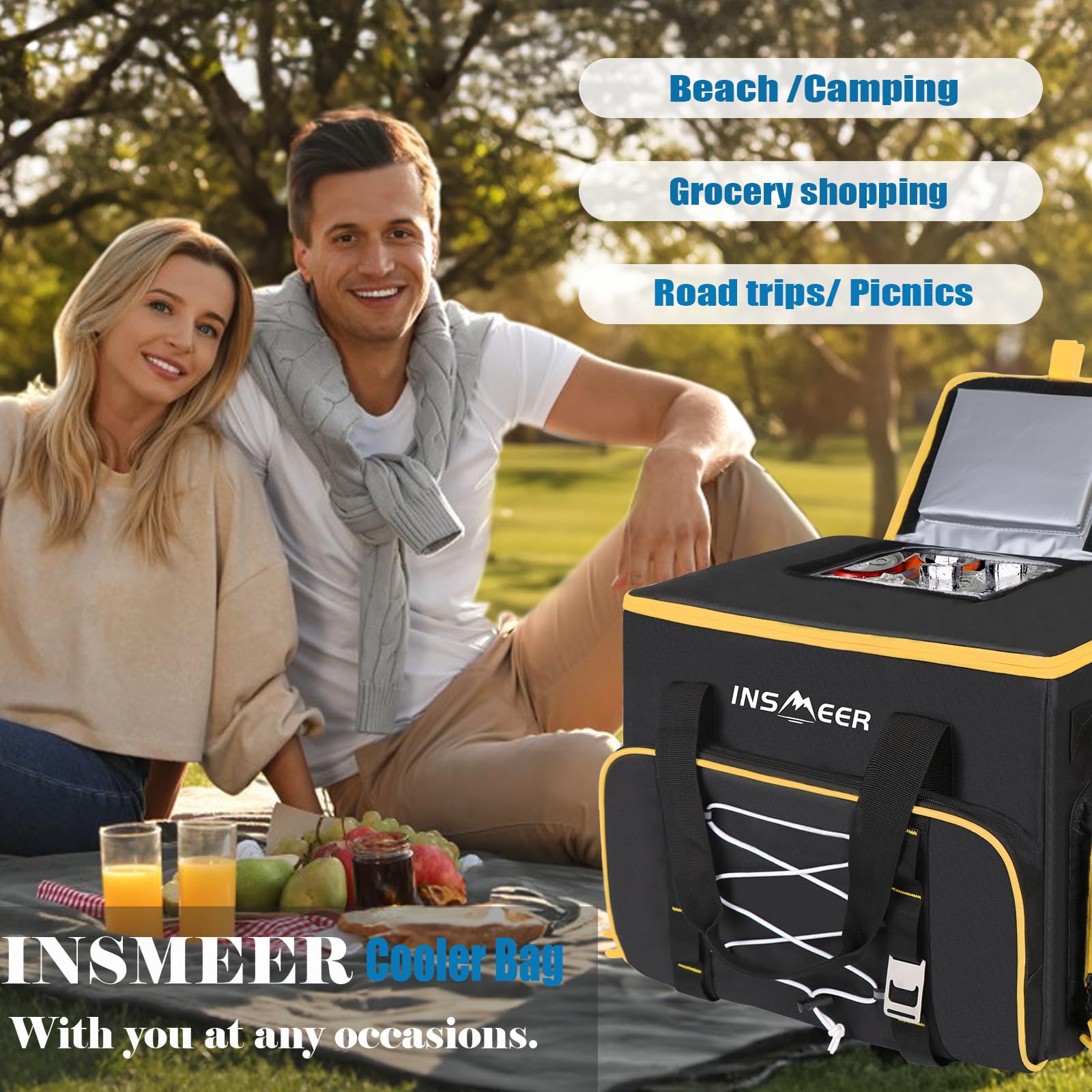 INSMEER Bolsa Térmica Grande 45L, 55 Lata Capacidad Plegable Bolsa Isotermica, Nevera Aislante Portátil para Alimentos Bolsa de la Compra a Prueba de Fugas con Abridor Picnics, Camping y Playa