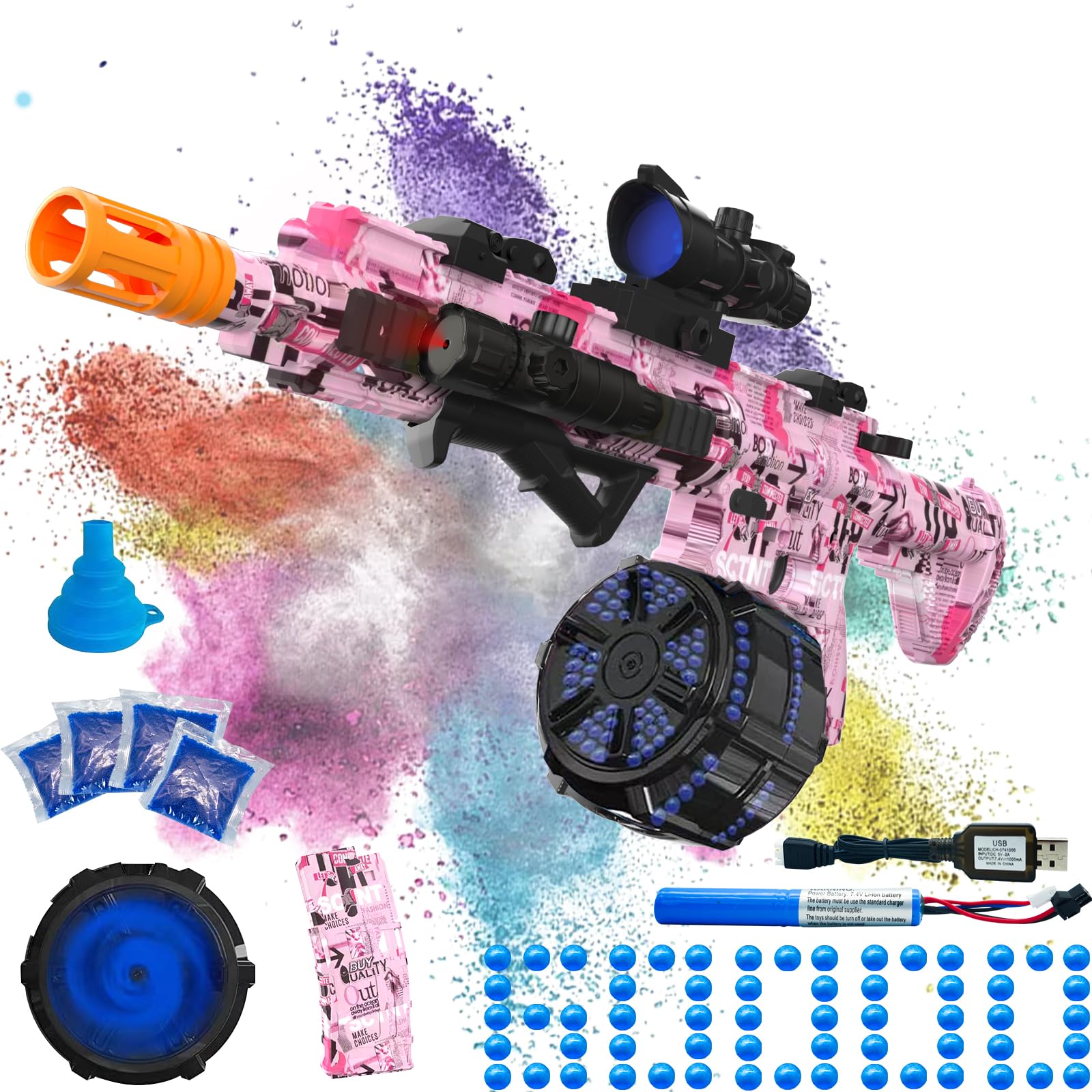 Electric Gel Ball Blaster, High Speed Automatic Splatter Ball Blaster with 40000+ and Goggles, JIFTOK Rechargeable Splatter Ball Toys for Outdoor Activities Shooting Game Party Favors-Pink