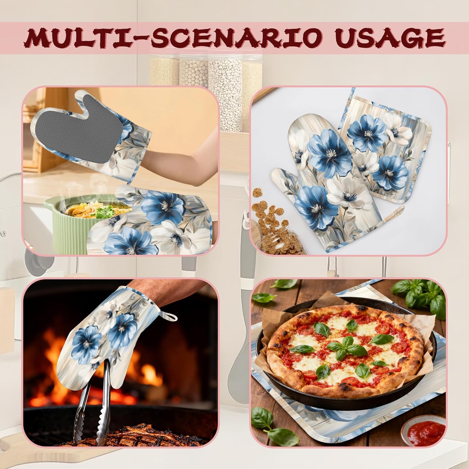 Flower Heat-Resistant Silicone Oven Mitts and Pot Holders,Flower on Marble Art Long Oven Gloves with Non-Slip Grip for Cooking, Baking, Grilling,BBQ