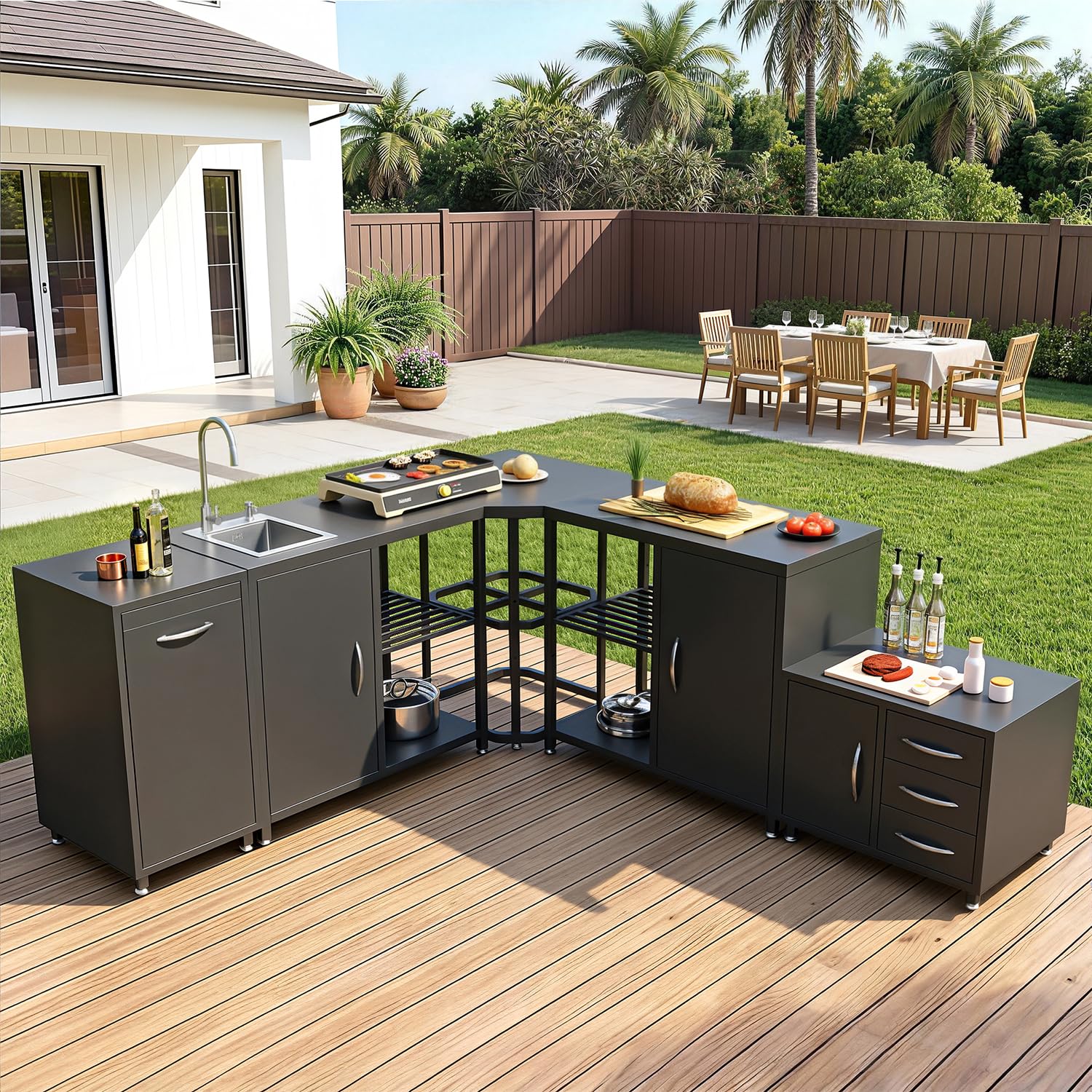 Grilltisch mit Spüle & Wasserhahn für Outdoor Küche, BBQ Beistelltisch mit Stauraum, Höhenverstellbar, Schwarz