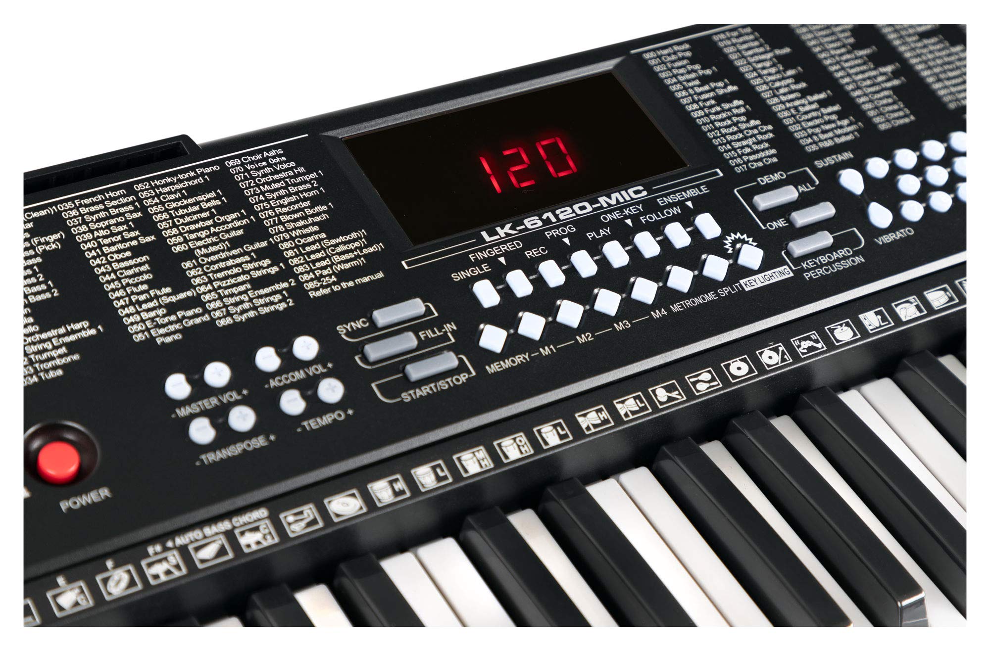 McGrey LK-6120-MIC Leuchttasten-Keyboard mit Mikrofon Schwarz, 255 Sounds | Einsteiger-Keyboard mit 61 Leuchttasten, 255 Begleitrhythmen, 50 Demo-Songs inkl. "One Key" & "Follow" Funktion