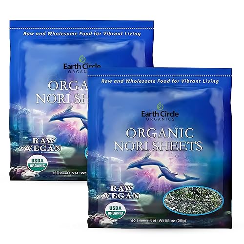Earth Circle Organics Algas Nori orgánicas certificadas Hojas Nori de grado premium "A" sin calentar y sin tostar, veganas, paleo y keto Sábanas