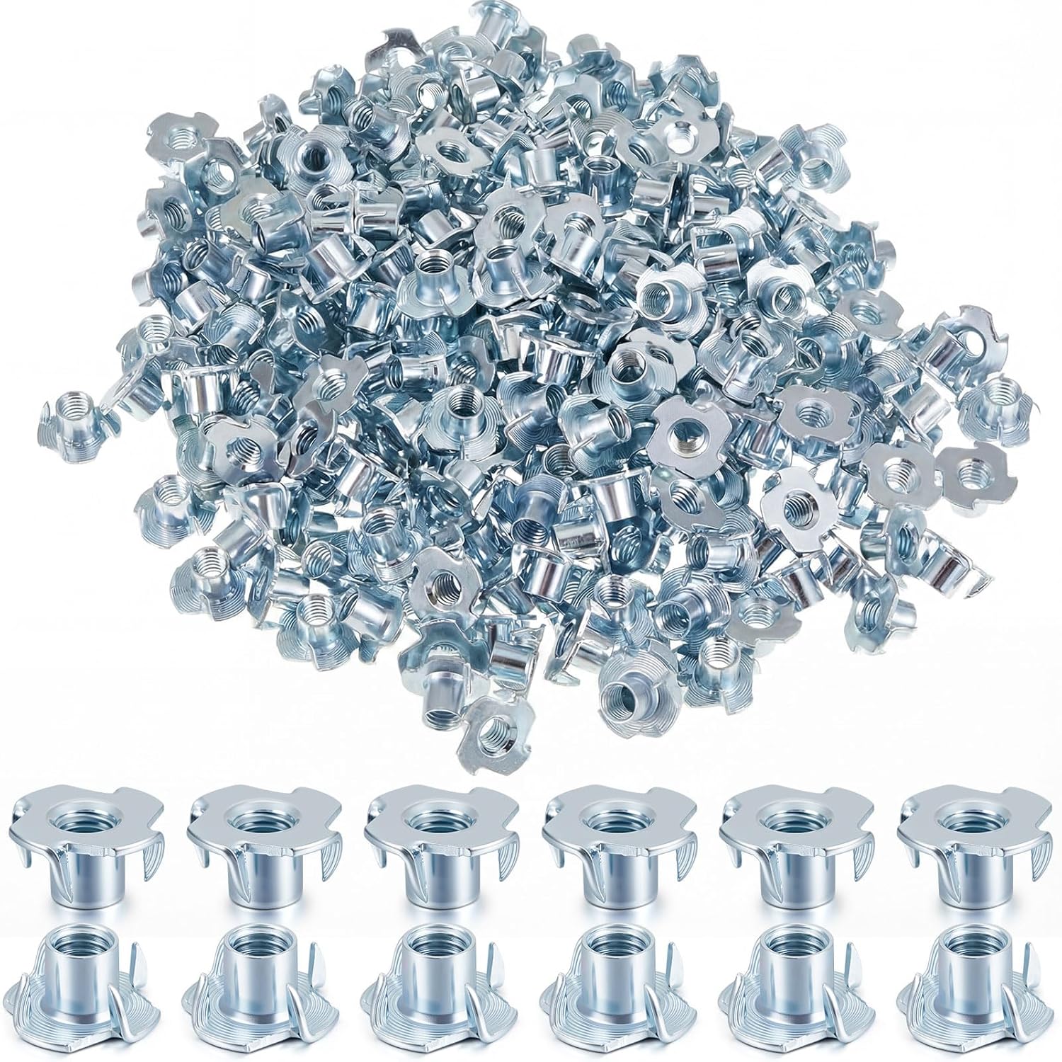 300 Pcs T-Nuts 3/8"-16, Zinc-Plated Steel Corrosion Resistant, 7/16" Barrel Length, 4-pronged Tee Nut for Cabinetry, Rock Climbing Holds, Wood