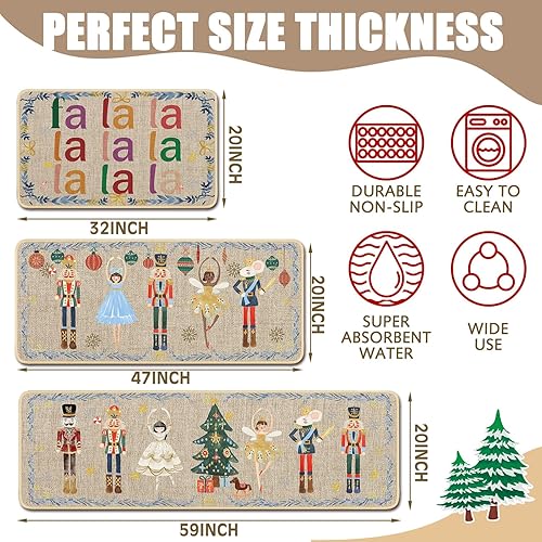 Miniatura 5 de Layhit Juego de 3 tapetes de cocina de Navidad con alfombras y tapetes de pasillo de acuarela, tapetes decorativos de cocina de Navidad, alfombra de