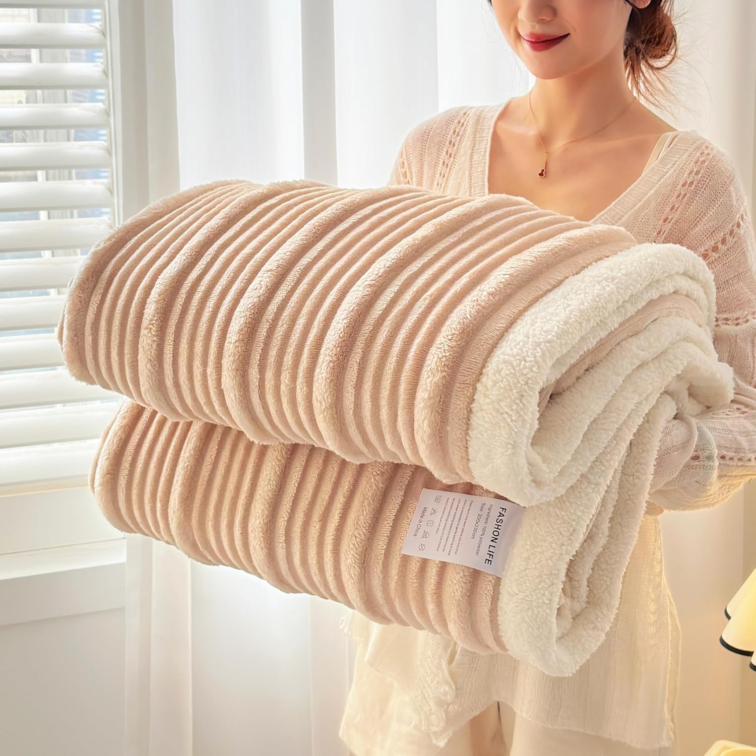 UKELER Sherpa Throw Blanket 60 × 80 inch, 470 GSM Striped Sherpa Fleece Blankets for All Season, Warm and Cozy Blanket for Couch Sofa Bed Office Camping, Camel - Image 6