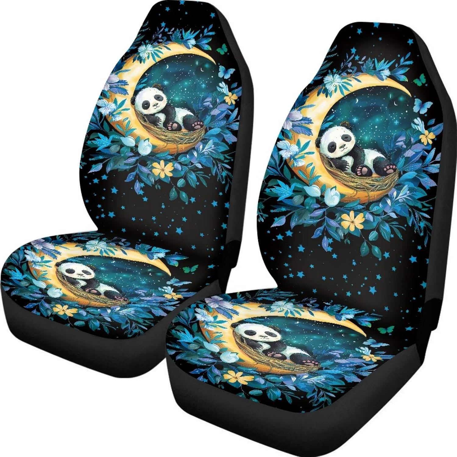 BIGCARJOB Lovely Panda Car Front Seat Cover Set for Women Ladies Auto Interior Accessories Set of 2 Pcs Cute Animal Panda Print Vehicle Seat Cushion Pads Fit Most Car, Truck, SUV