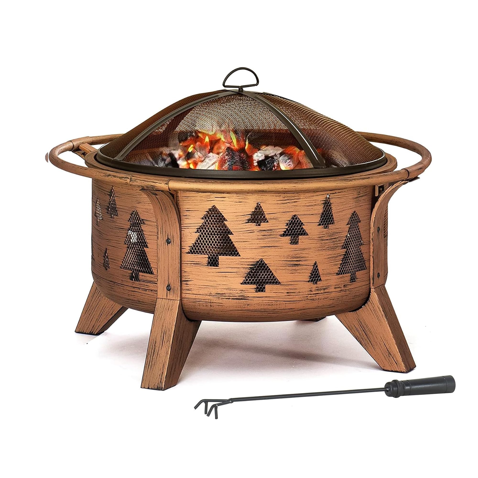 SUNJOY Foyer de Jardin, diamètre 76 cm, Brasero Rond en Acier avec Grille Pare-étincelles et tisonnier, Foyer à Bois d'extérieur pour terrasse, Couleur cuivre, Design Sapin de Noël
