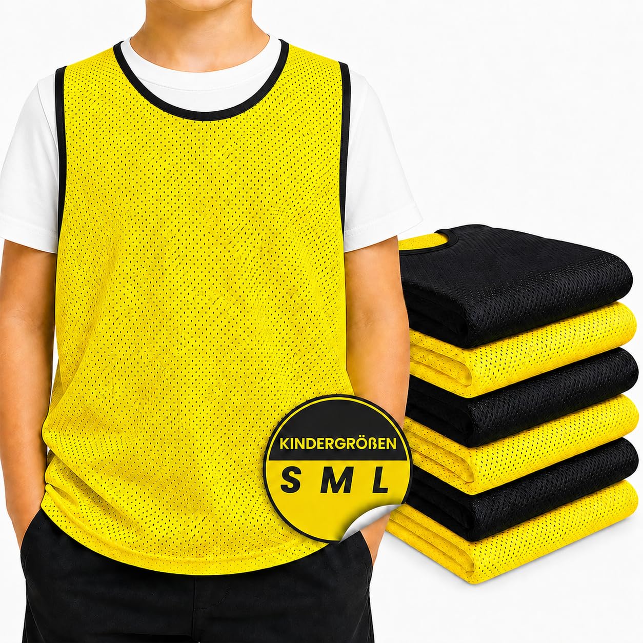 KYTO Fußball Trainingsset für Kinder, 2 Tore, 50 Markierungshütchen, 6 Leibchen in Größe M, Mini Ball, Pumpe, Tasche, Erdanker, Fußball Zubehör für Garten, Park und Training