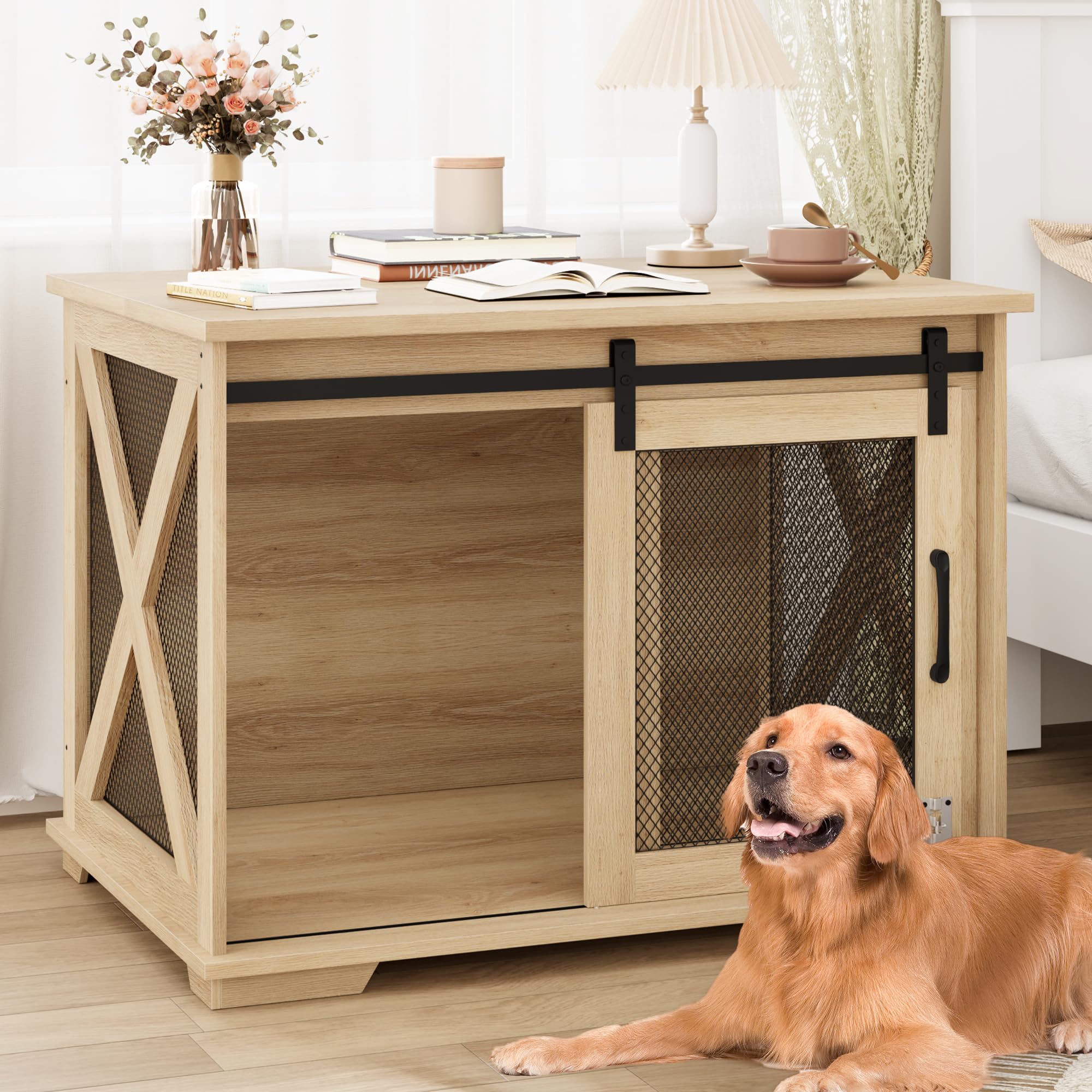 Amazon | BluFied 犬用ケージ 木製 大型犬・中型犬用 ペットケージ