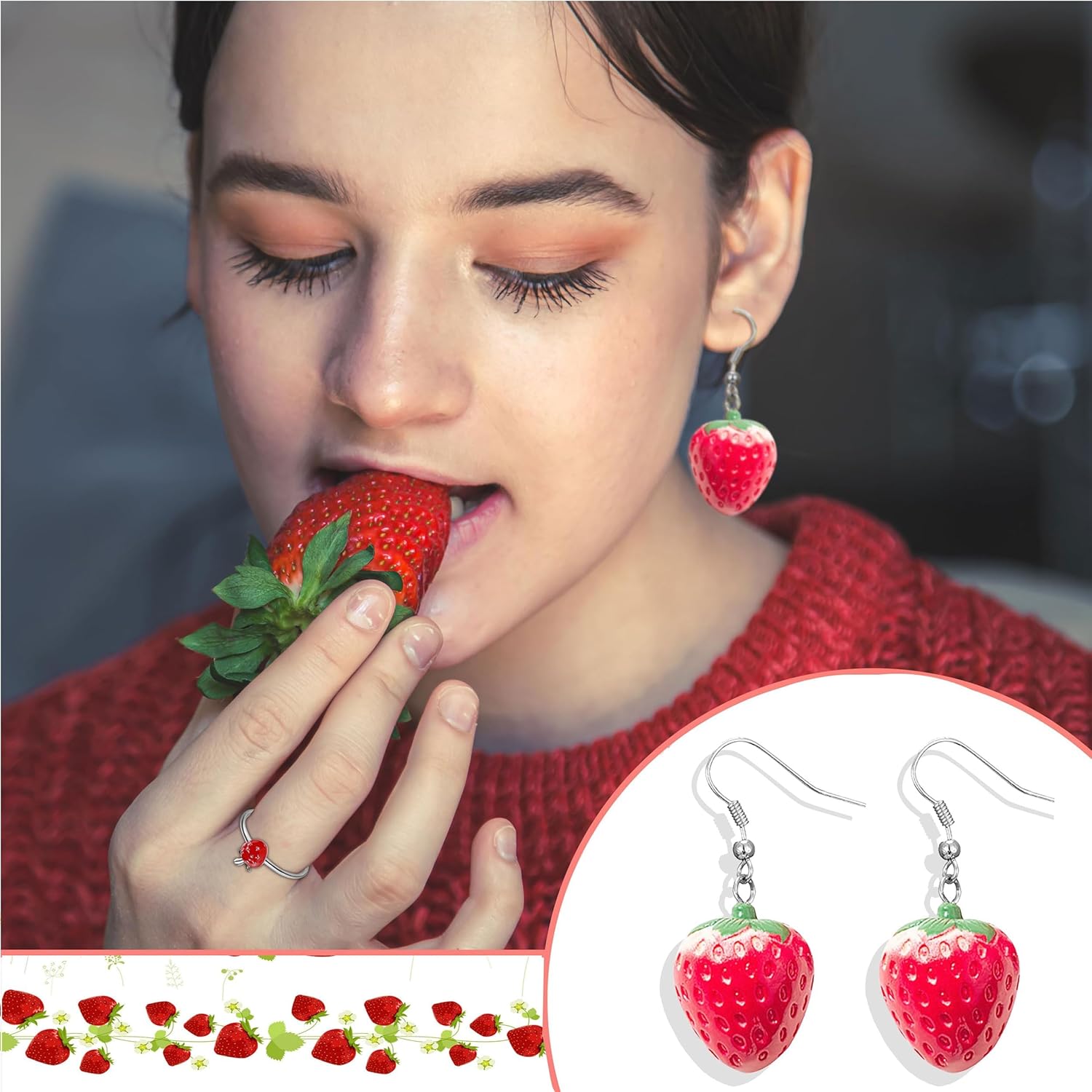 Red Strawberry Earrings for Women Cute Dangle Fruit Drop Earring Simulated 3D Acrylic Strawberry Jewelry Accessories Themed Items Stuff Dress Woman - Image 4