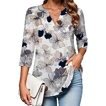 Womens V Neck Blouses 3/4 Length Sleeve Loose Fit Tunics Bohemian Floral Tops Dressy Casual Shirts for Vacation Daily Plus Size Spring Summer Tops 2026,Boho-48,L