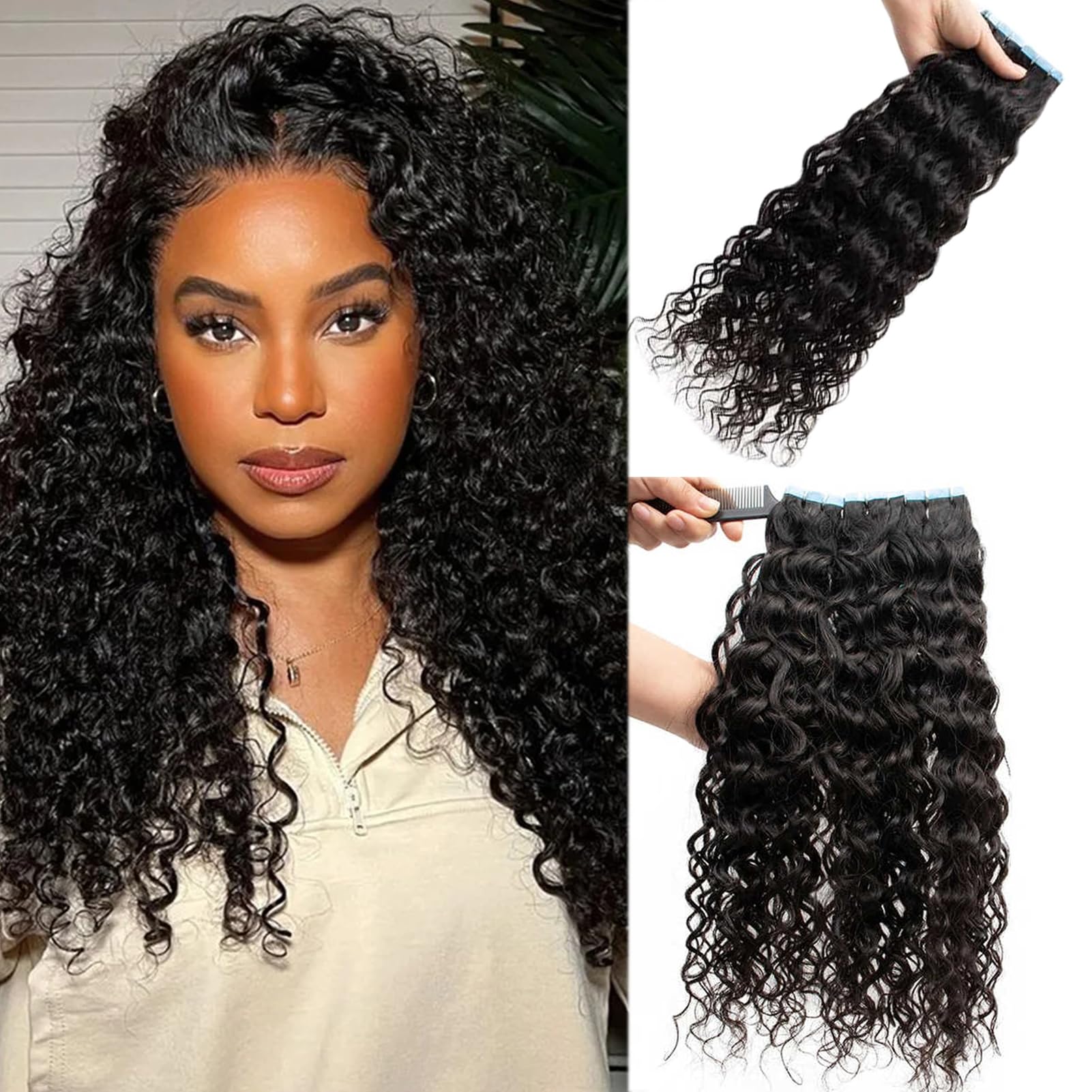Water Wave Tape in Human Hair Extensions 26 Inch Curly Wavy Brazilian Real Human Hair Skin Weft Seamless Invisible PU Tape ins for Black Women Girls