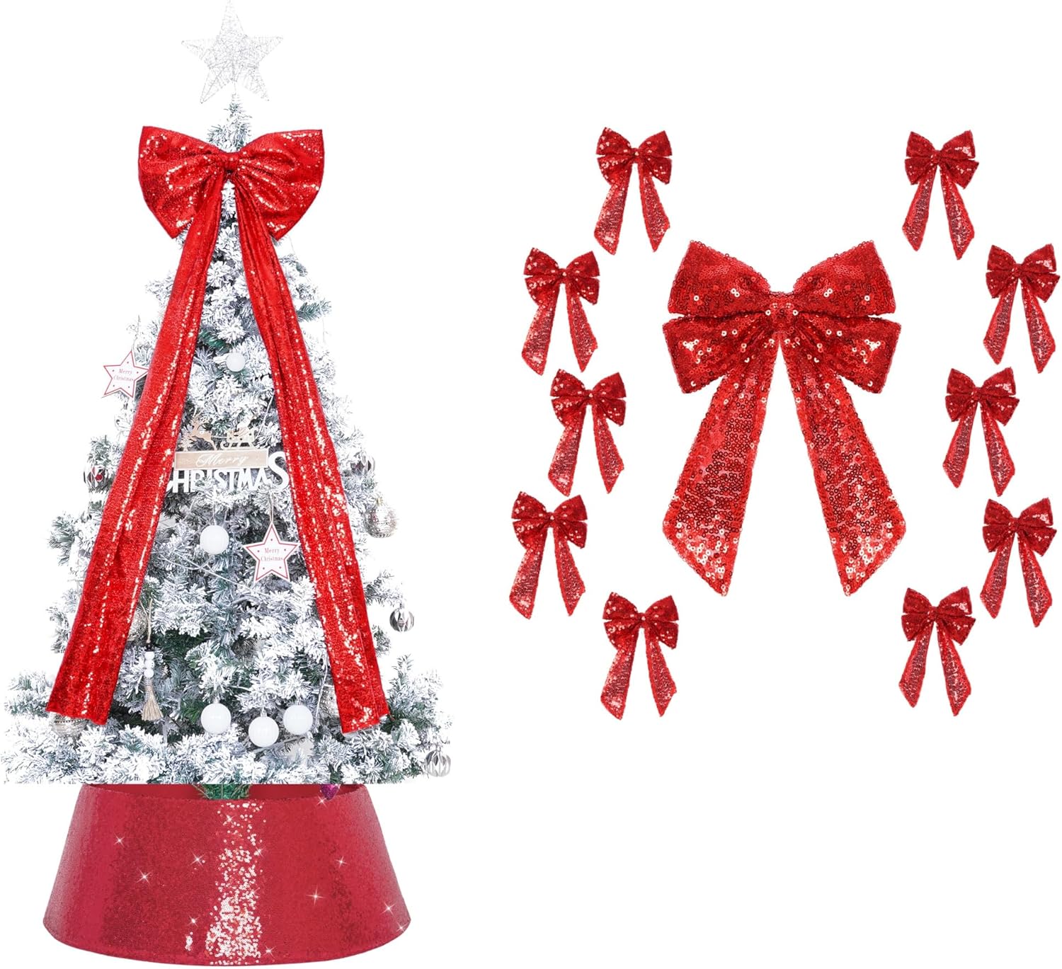 PartyDelight Red Christmas Tree Topper Bow Decor and Christmas Tree Collar