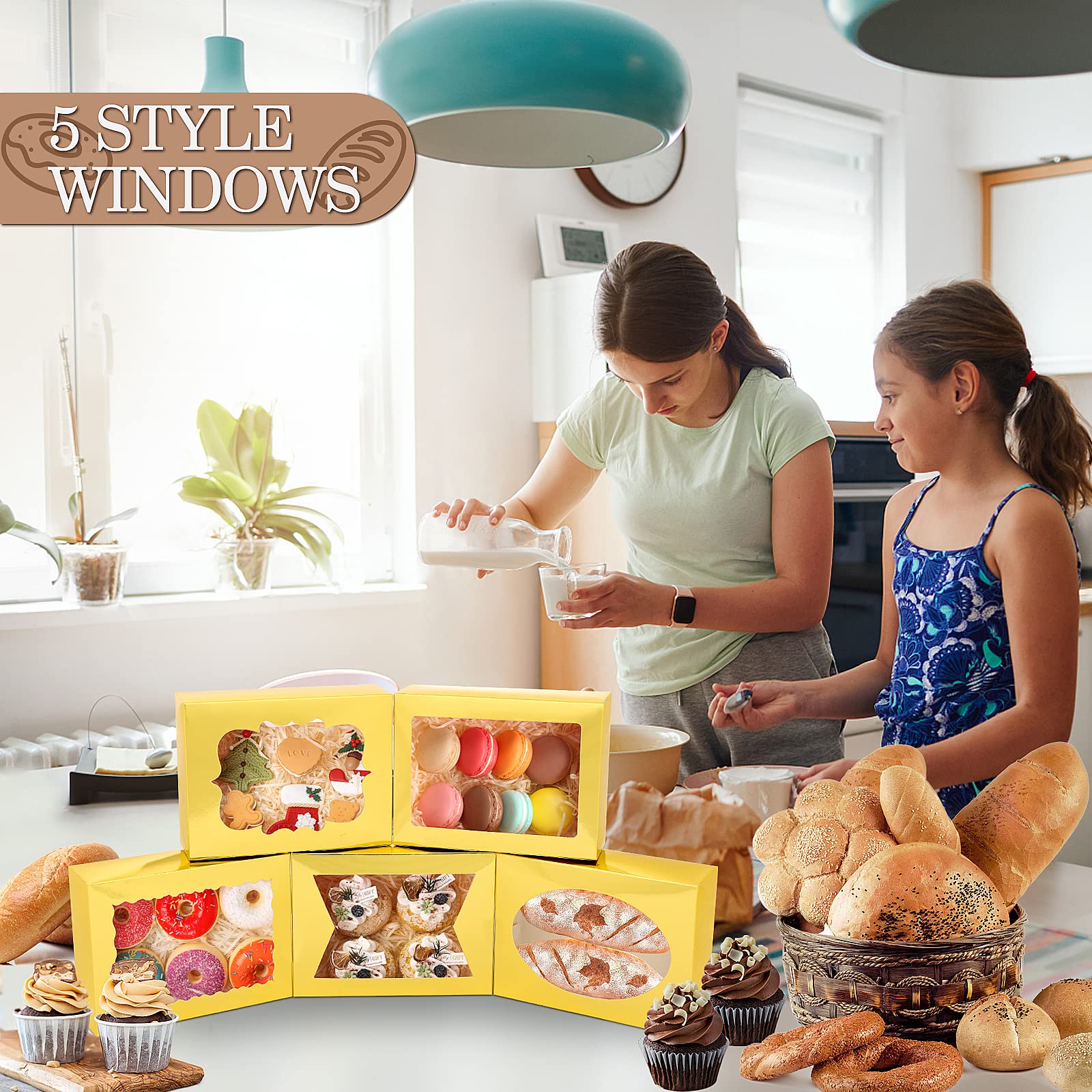 KPOSIYA 65 cajas de galletas de 8 x 6 x 2.5 pulgadas con ventana, cajas de panadería doradas para regalo, golosinas, postres, cupcakes, chocolate, fresas, donas, magdalenas (5 ventanas de estilo)