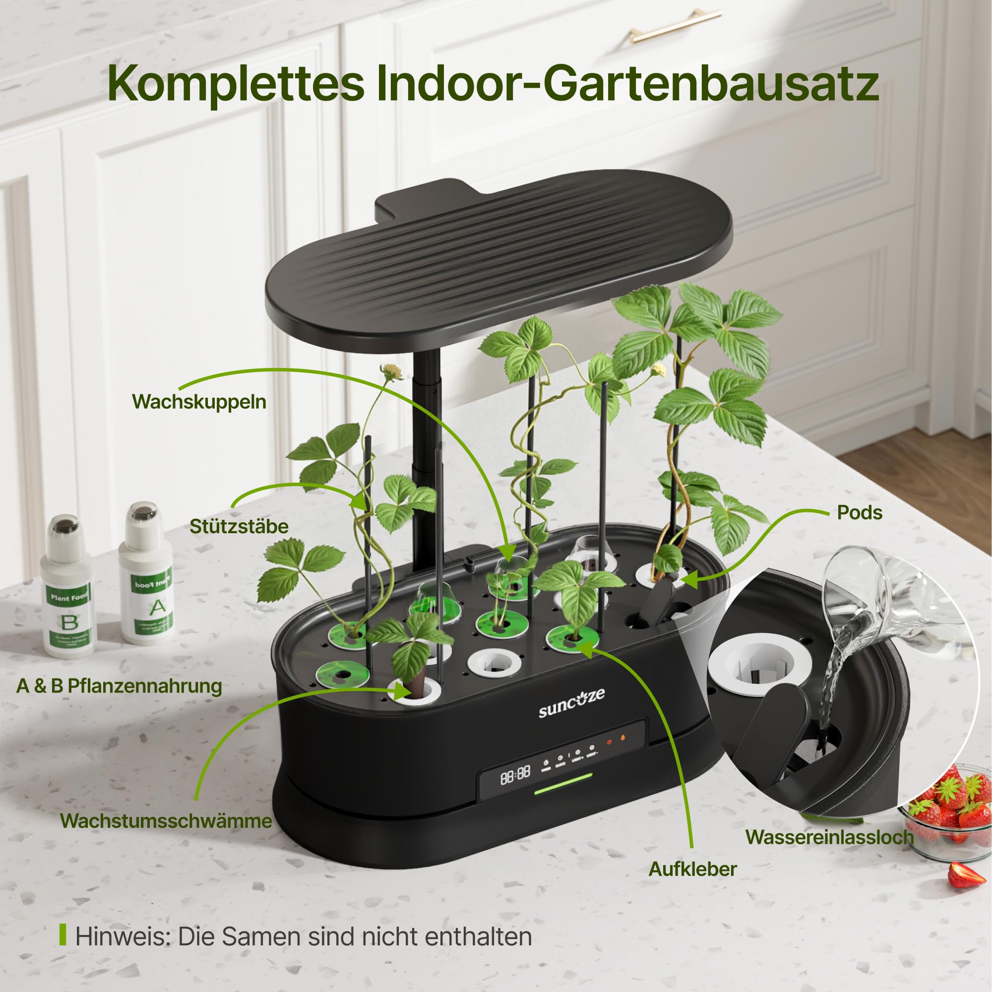 SUNCOZE Abnehmbarer Hydroponisches Anzuchtsystem mit 12 Hülsen, Schwarz | Indoor Kräutergarten mit 36W LED Pflanzenlampe, 5L Wassertank, Höhenverstellbar bis 550 mm, Hydroponik System mit Timer