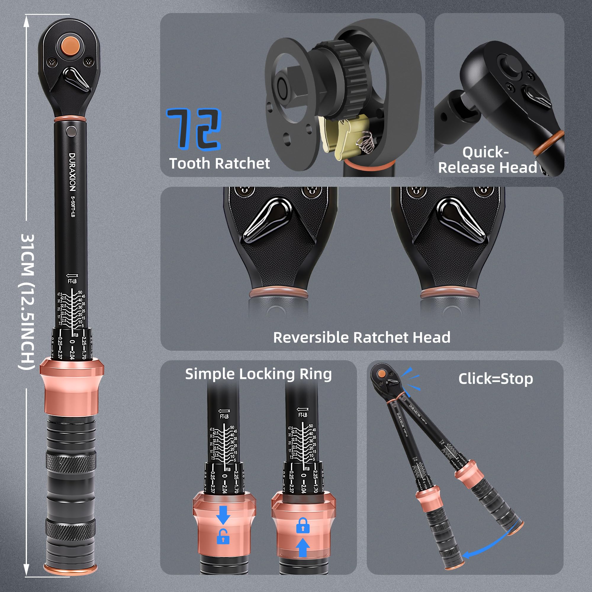Llave dinamométrica de accionamiento de 3/8 pulgadas, ± 3% de precisión, escala de rango dual de 5-50 pies/lb/6.8-67 Nm, llaves dinamométricas de doble dirección de 72 dientes para reparación