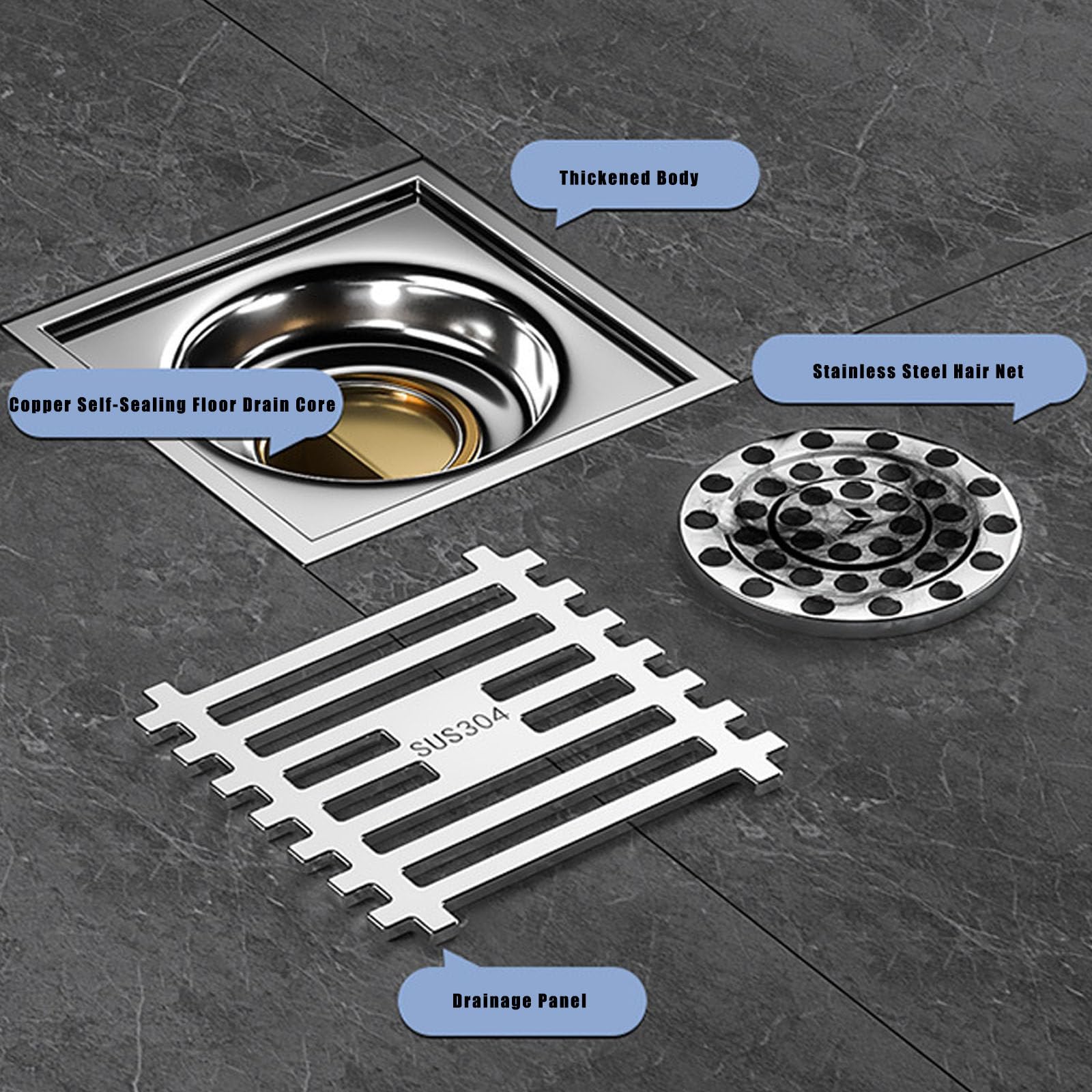 Drenaje De Piso Cromo, Desagüe del Piso con Rejilla Y Filtrar, Anti-Olor Piso Desagüe Rejilla Residuos Filtro para Pelos, para Baño, Inodoro, Lavandería, Etc. Acero Inoxidable, 10 * 10 Cm