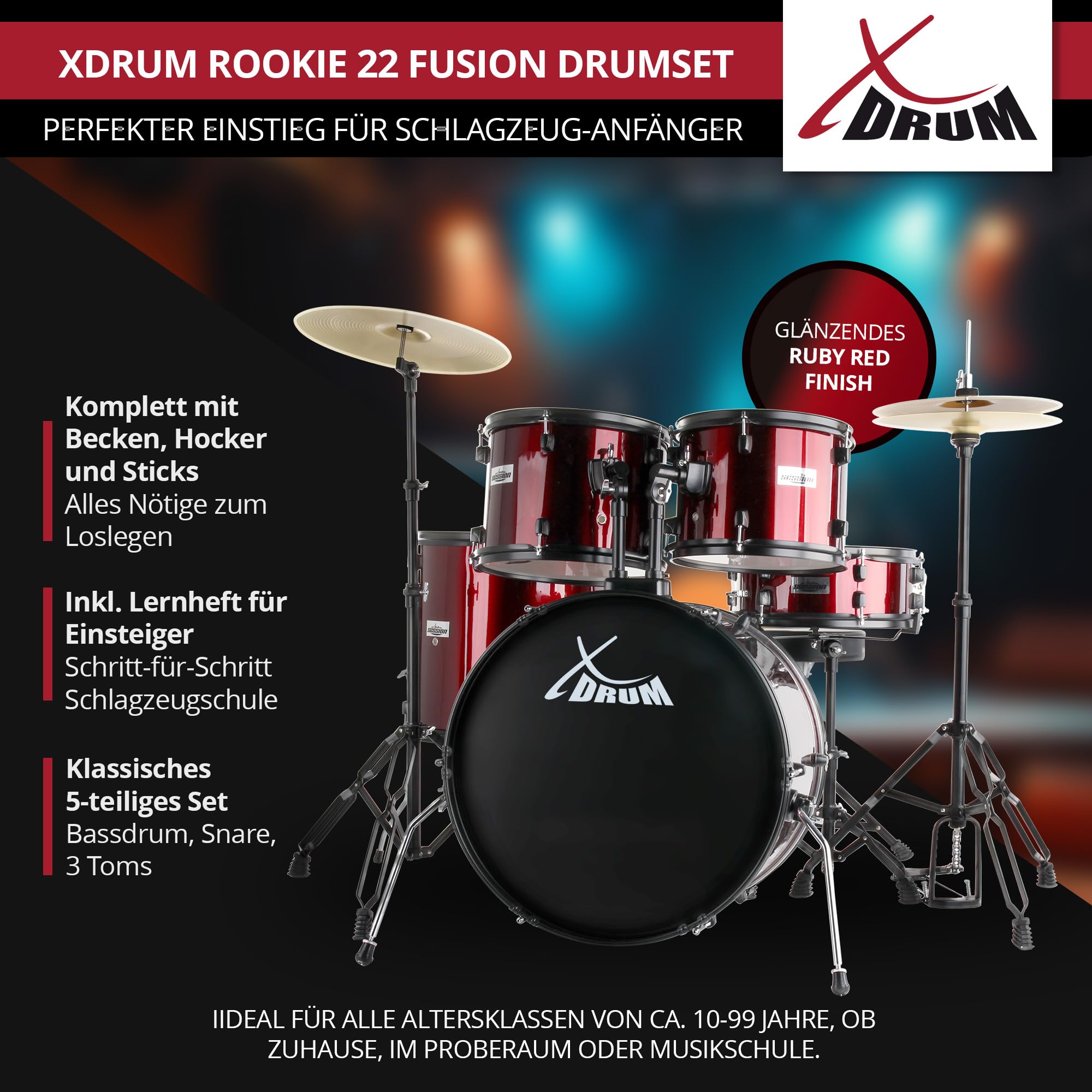 XDrum Rookie 22" Fusion Set Completo de Batería Ruby Red - Ideal para Principiantes - Hardware Estilizada en Negro - Incluye Baquetas, Manual de Montaje y Escuela de Batería - Rojo