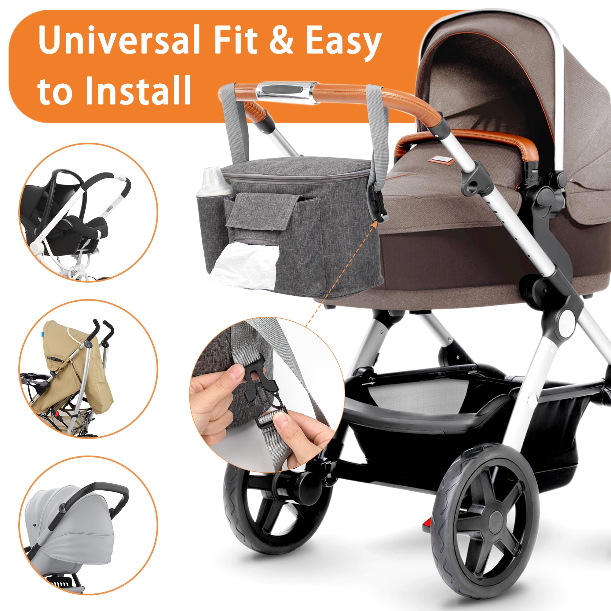 Borsa Organizer per Passeggino Universale con 3 Portabicchieri Borsa Neonato Passeggino con Spallacci Regolabili per Biberon Pannolini Salviette Giocattoli
