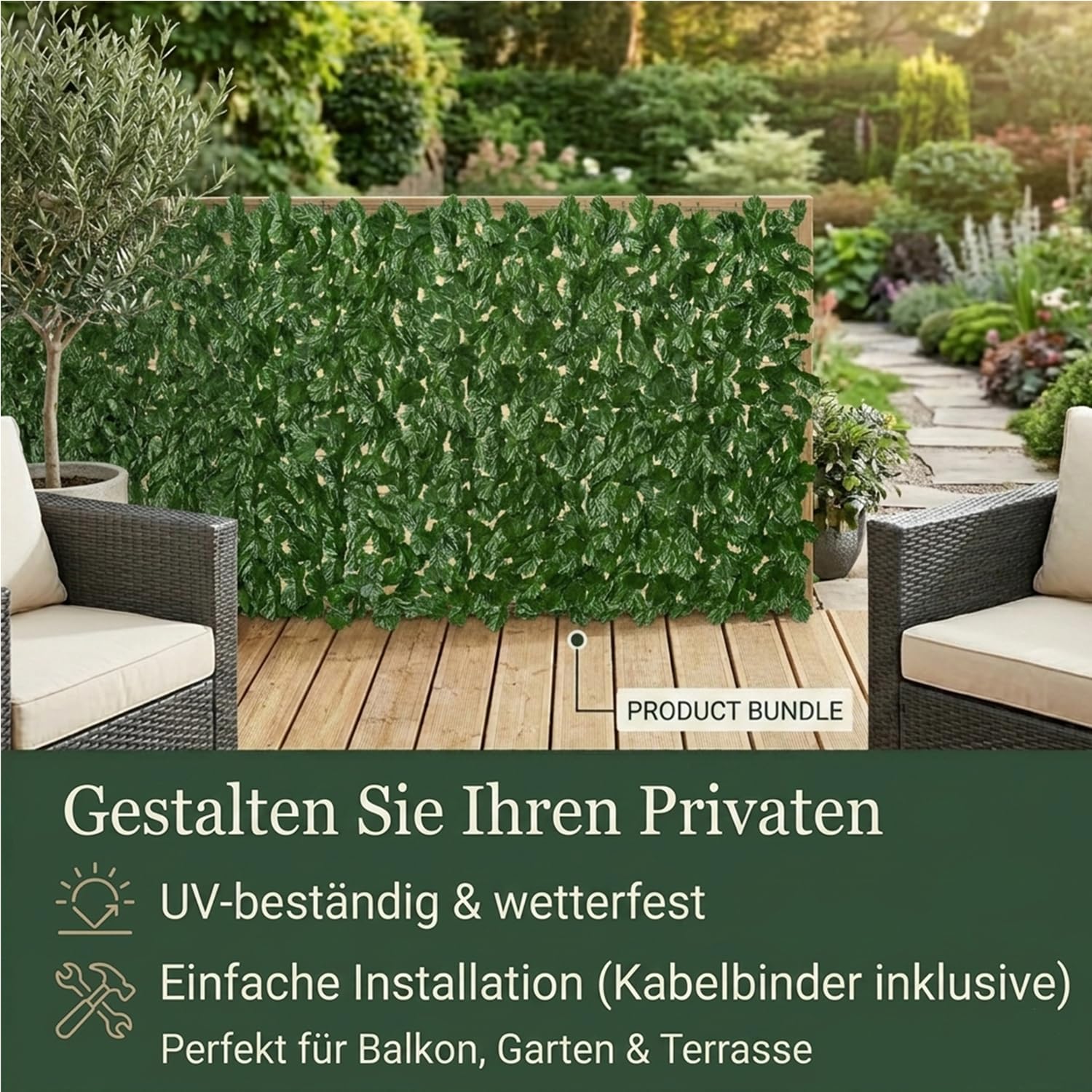Künstliche Efeu Garten Sichtschutz,Balkon Sichtschutz,Künstliche Efeu Blatt Dekoration für Gartenhecken Balkon Außendekoration 100 x 300 cm