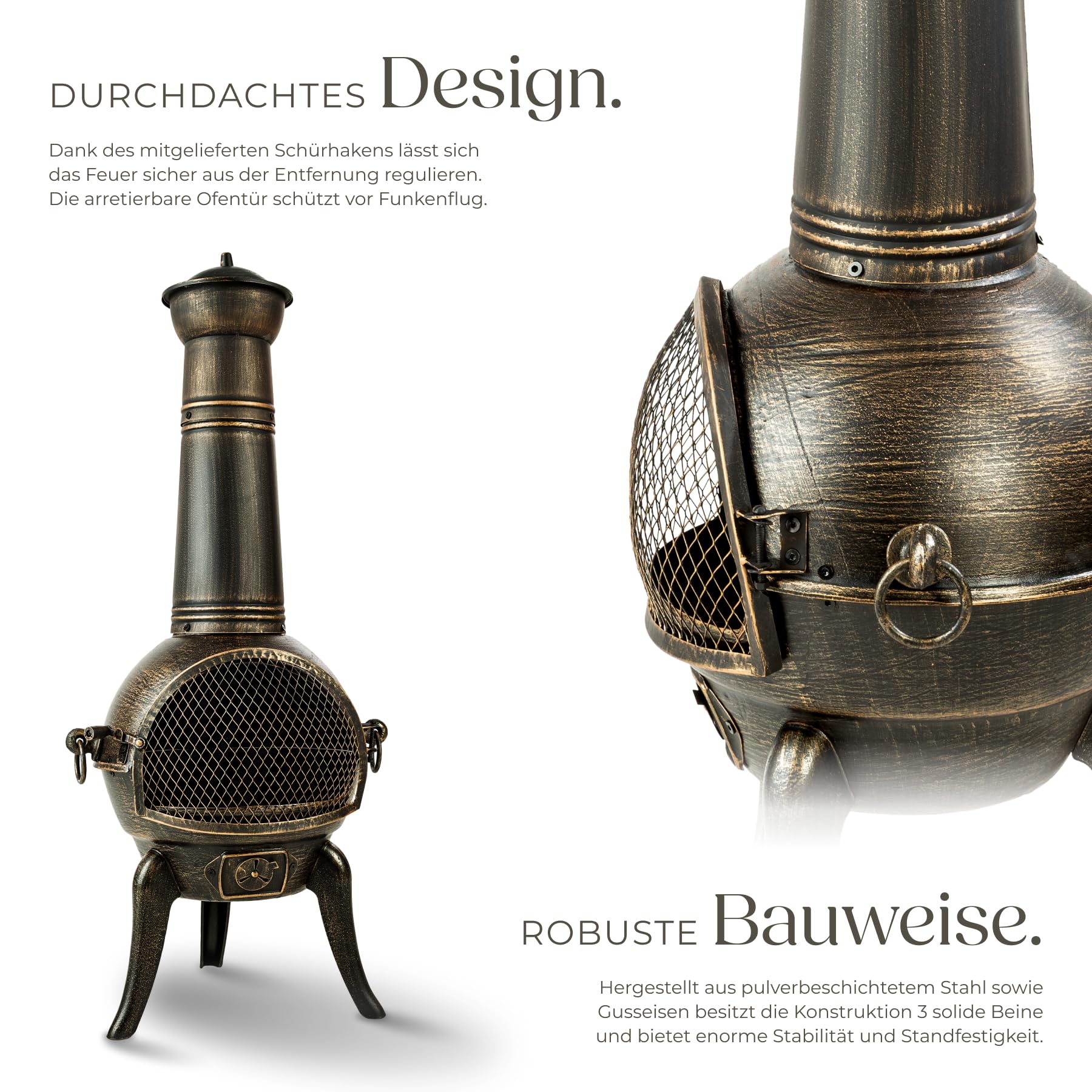 tectake® Vintage Outdoor Terrassenofen, Gartenofen aus Gusseisen, Raketenofen, Aztekenofen mit Funkenschutz, Grill Rost und Schürhaken, Gartendeko Kamin, Deko für Terrassen oder Balkon, Kaminofen