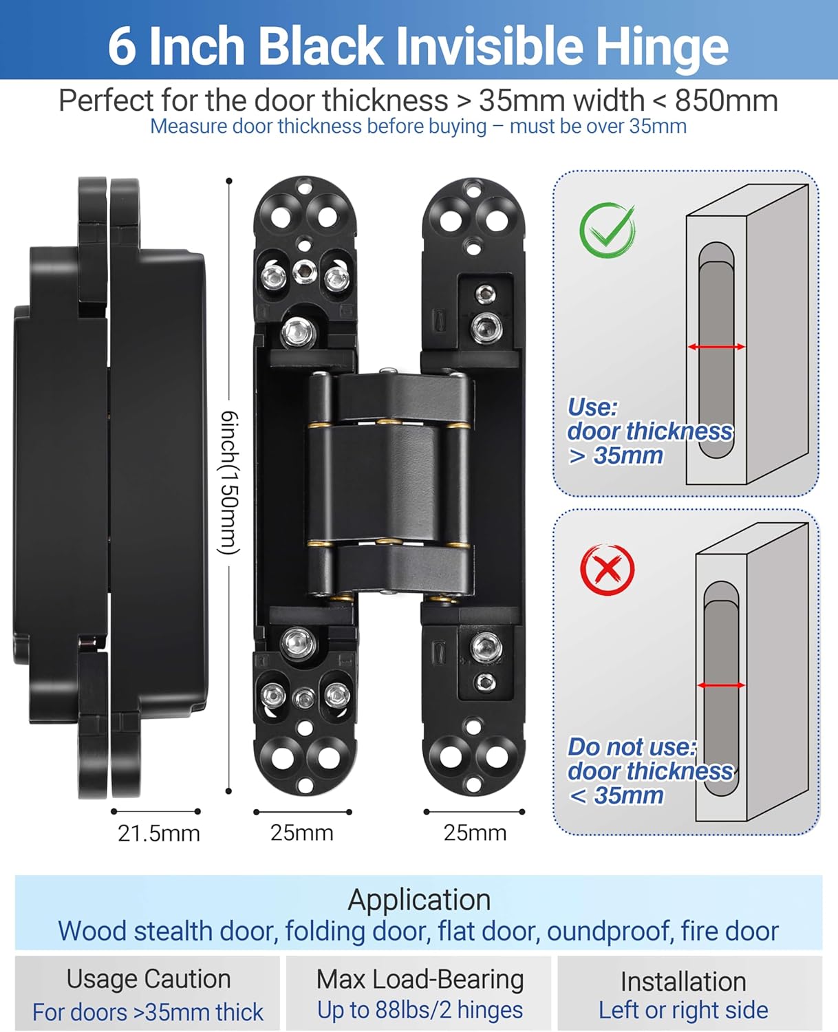 Upgraded Invisible Door Hinges (4 pcs) -6 Inch Black Hidden Hinges for Doors, 3 Way Adjustable & 180 Deg Swing & Copper Support Invisible Hinge, Heavy-Duty Concealed Door Hinges 88Lbs Load-Bearing