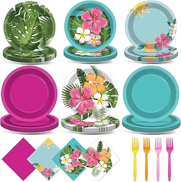 96 Pcs Hawaiian Party Decorations Hibiscus Paper Plates Napkins Tropical Luau Party Supplies Aloha Palm Leaves Disposable Tableware Set for Summer BBQ Pool Beach Birthday Baby Shower Serves 24