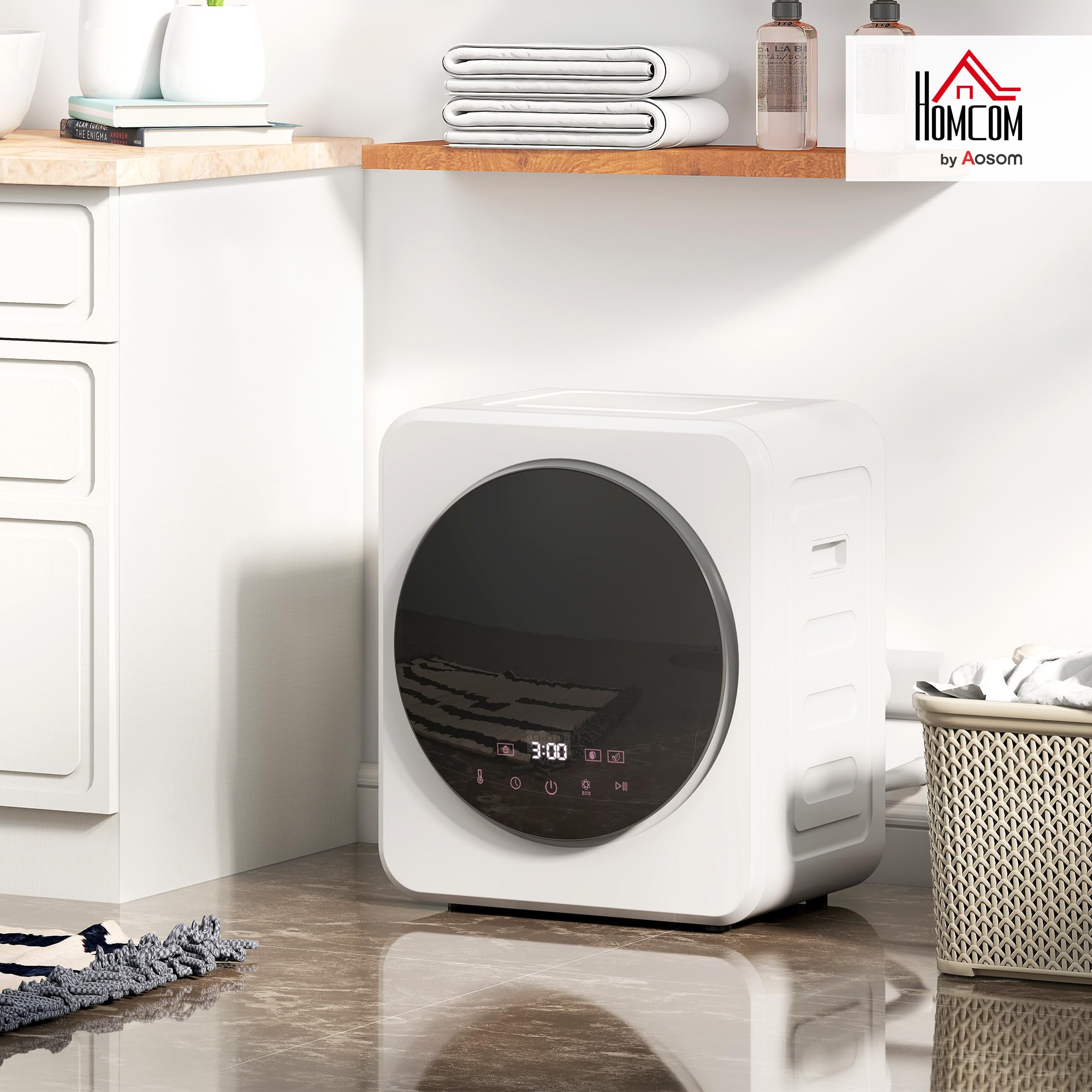 HOMCOM Mini Wäschetrockner 4 kg Kapazität 800 W Freistehend bis 60℃ Weiß | Einstellbarer Timer, Stapelbar, Wandmontierbar Ablufttrockner, Edelstahltrommel, Touch-Display, für Kleidung