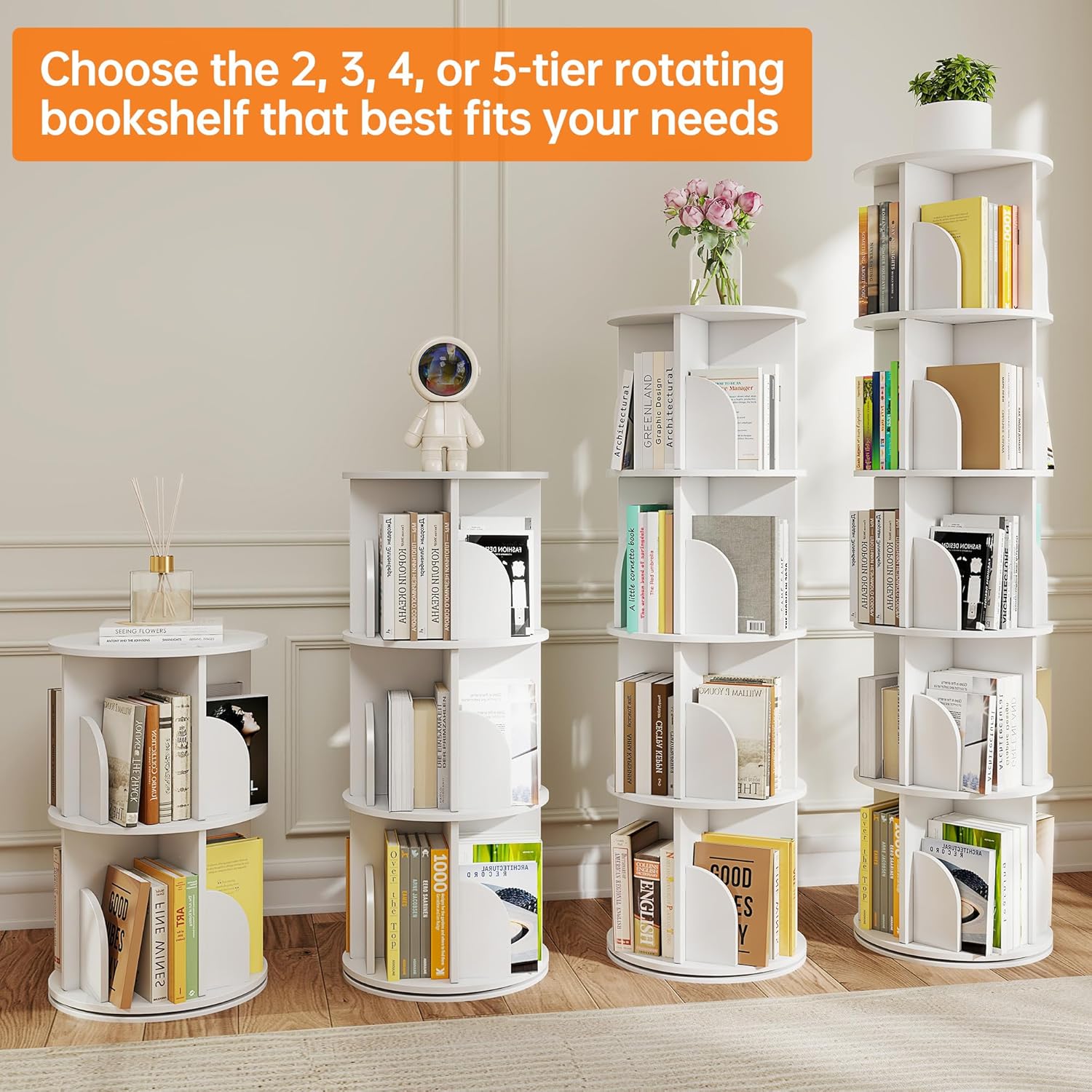Rotating 3-Tier Bookshelf, 360° Spinning Corner Bookcase with Lazy Susan, White Space Saving Organizer for Study Room, Home Office, Kids Rooms, Bedroom, Adults & Kids
