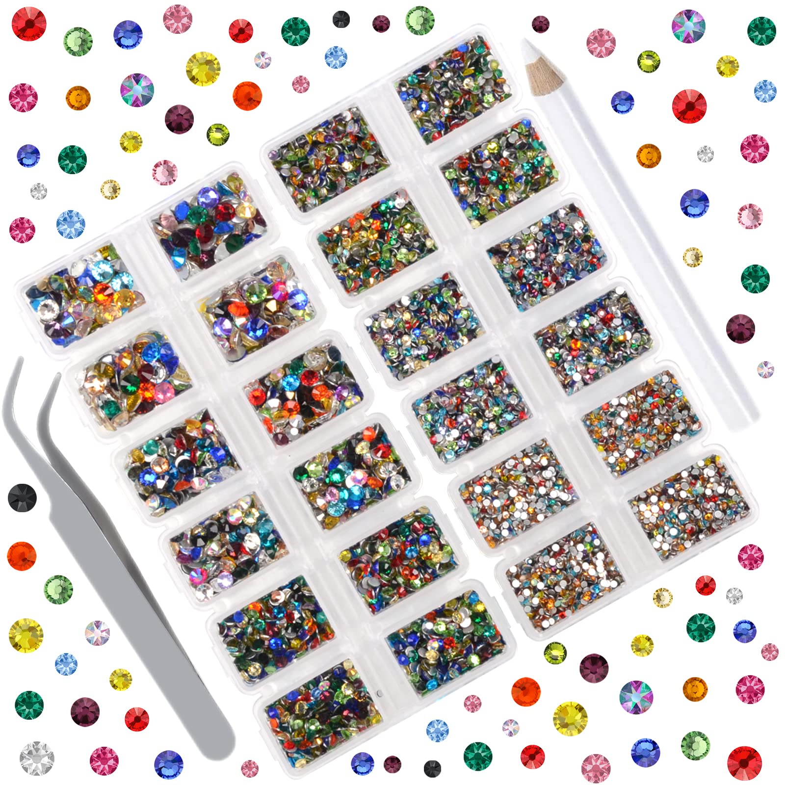 ICAI Beads 10000 Pieces Rhinestones 6 Sizes Round Crystal Glass Flat Back Rhinestones with 1Tweezers and 1Picking Pen for Nail Art Crafts Clothes Bags