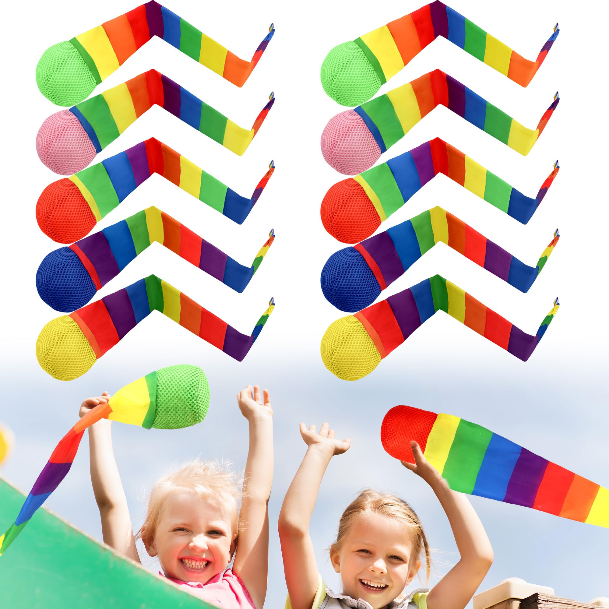 Kugliwa 10 Pack Throw and Catch Ball with Rainbow Tail Catch Tail Foam Balls Soft Rainbow Playground Ball Sports Comet Balls for Outdoor Games Activities Sensory Training