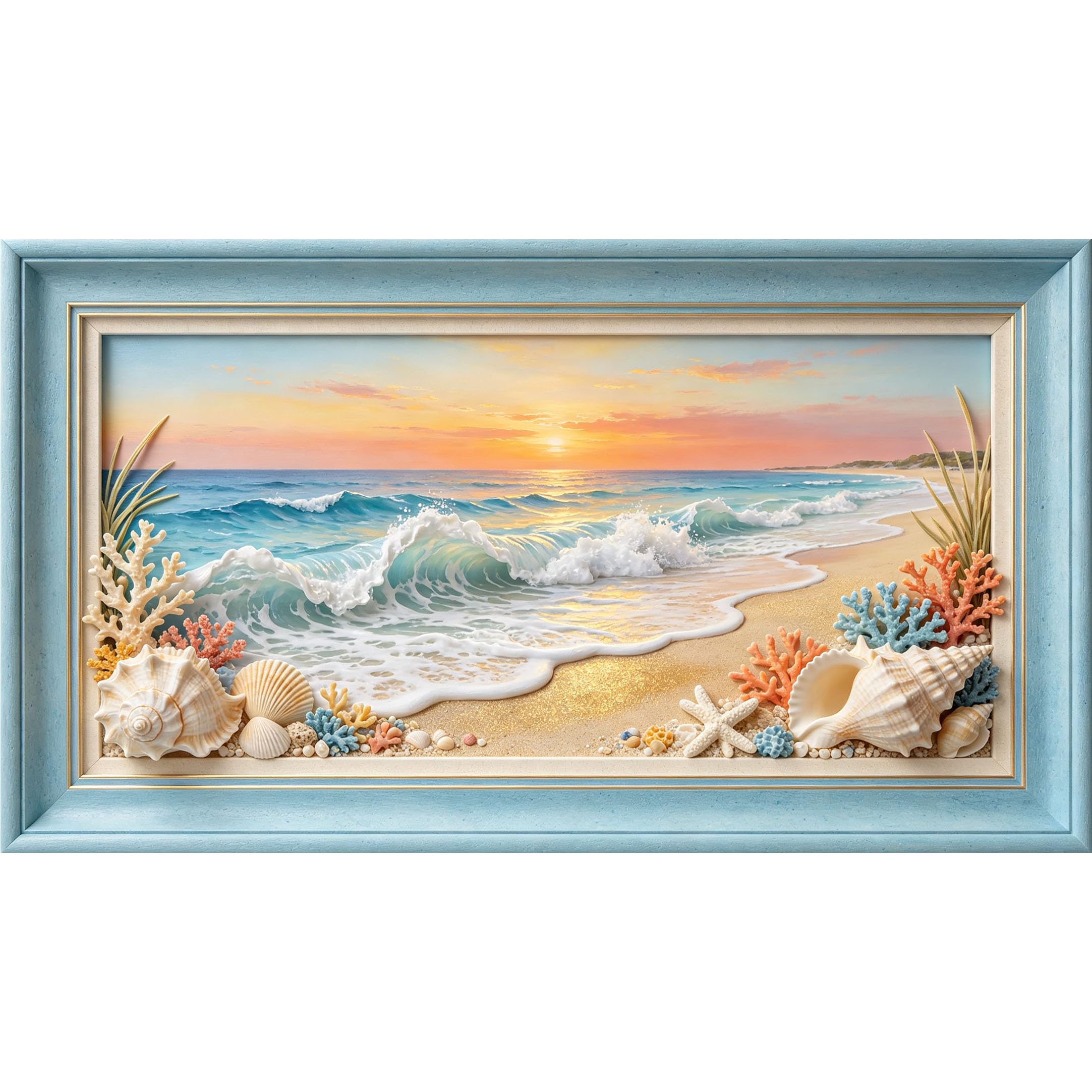 QZLITHOTIC 50x90cm3D Framed Wall Art， Coastal Ocean Wave Sunset Coral Seashell Self‑Adhesive Mural， Water‑Activated Peel & Stick Fabric Decor Wall Decal for Bedroom Living Room