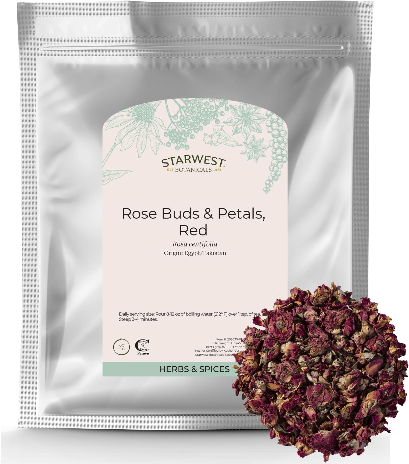 Starwest Botanicals Dried Red Rose Buds & Petals - Edible Flower for Tea, Baking, & Cooking, Use for Soap or Lotions, Certified Kosher - Bulk 1 lb Bag