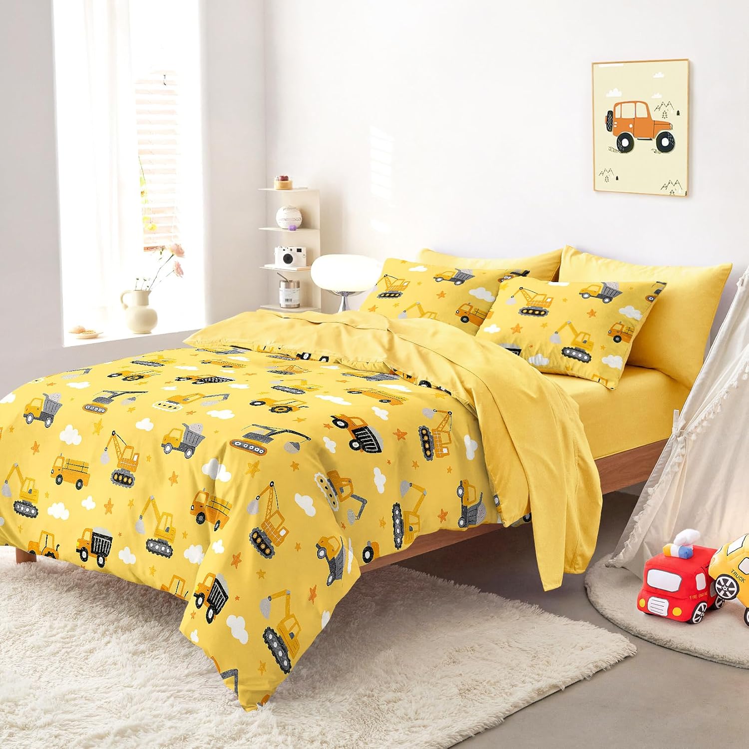 Wake In Cloud - Construction Car Bedding Set for Boys, Excavator Truck Crane Tractor, Soft Lightweight Comforter Set with Sheets, 5 Pieces Kids Bed in a Bag, Yellow, Twin Size