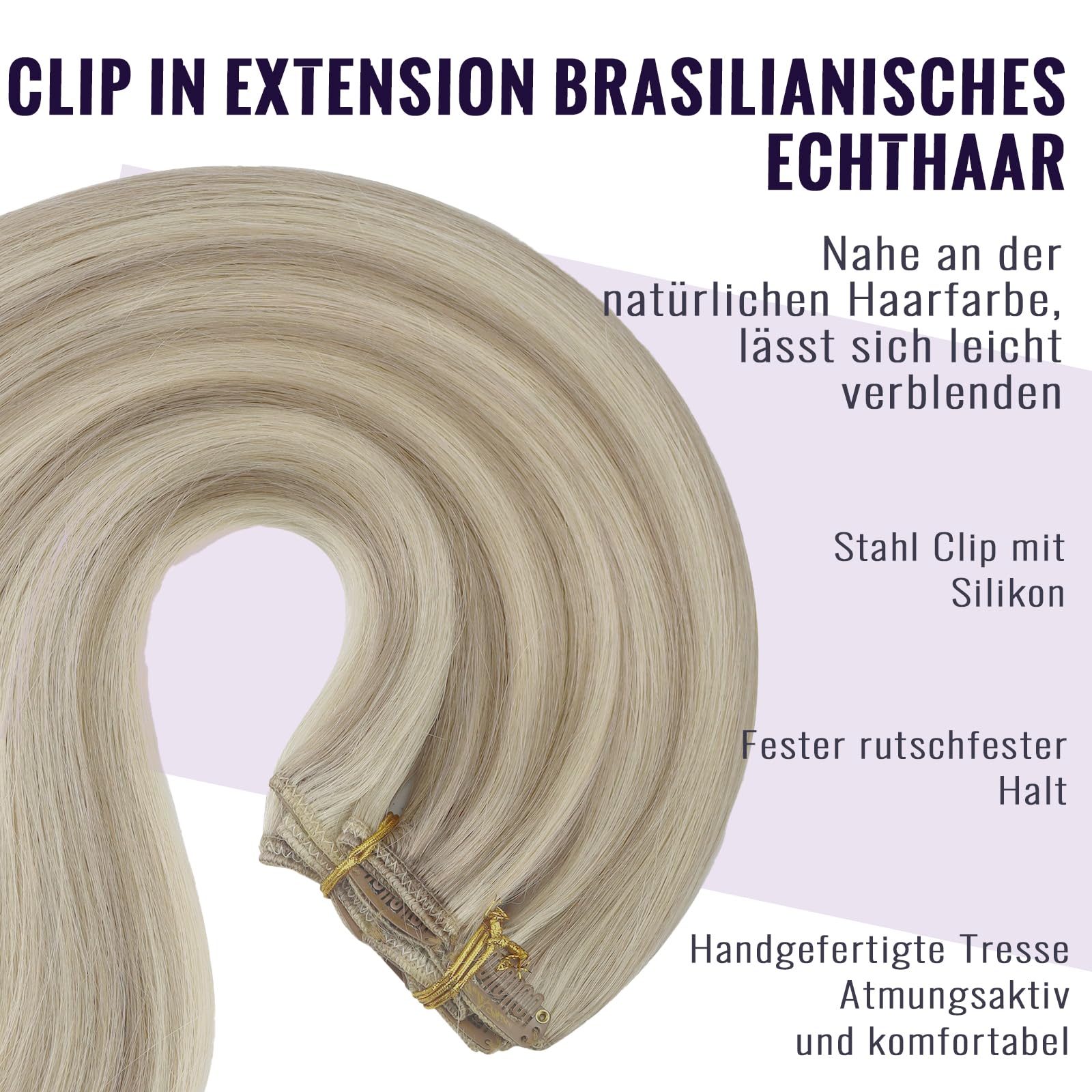 Echthaar Extensions Clip, Aschblond mit Platinblonden Strähnen, 45 cm, 120 g 7 Stücke, Unsichtbares Design, Clip Extensions Echthaar, Farbe 18P613