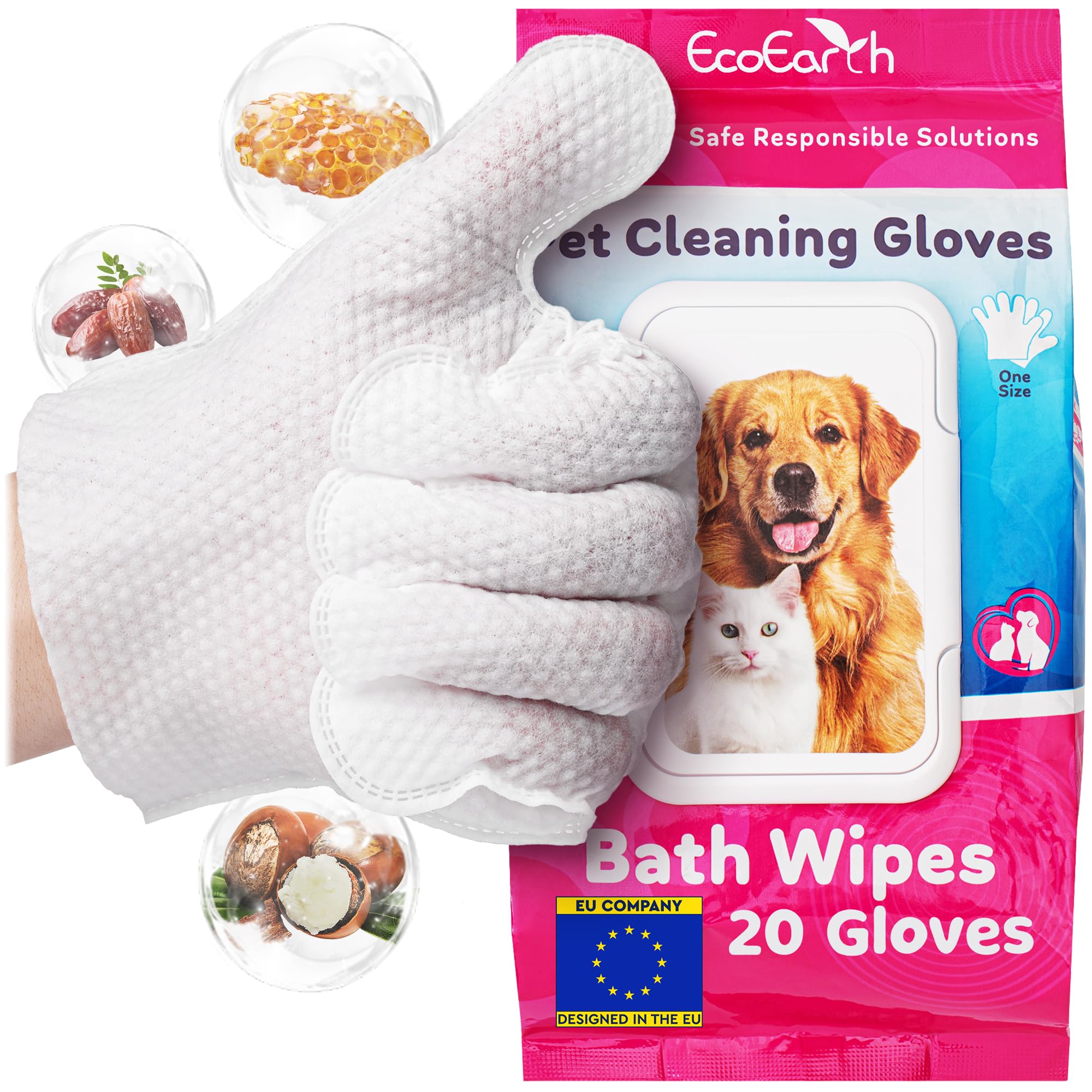 Premium Pet Cleaning Gloves for Dogs & Cats - 1 Bag of 20 Pieces - Disposable Glove Wipes for Bathing, Deodorising & Grooming - Dog Bath Mitts