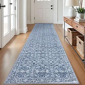 2.6x12 Blue Washable Runner Rug for Kitchen, Soft Classic Runner with Non-Slip, Non-Shedding Distressed Floral Rug for Hallways Entryway Bedroom Bathroom Laundry Indoor