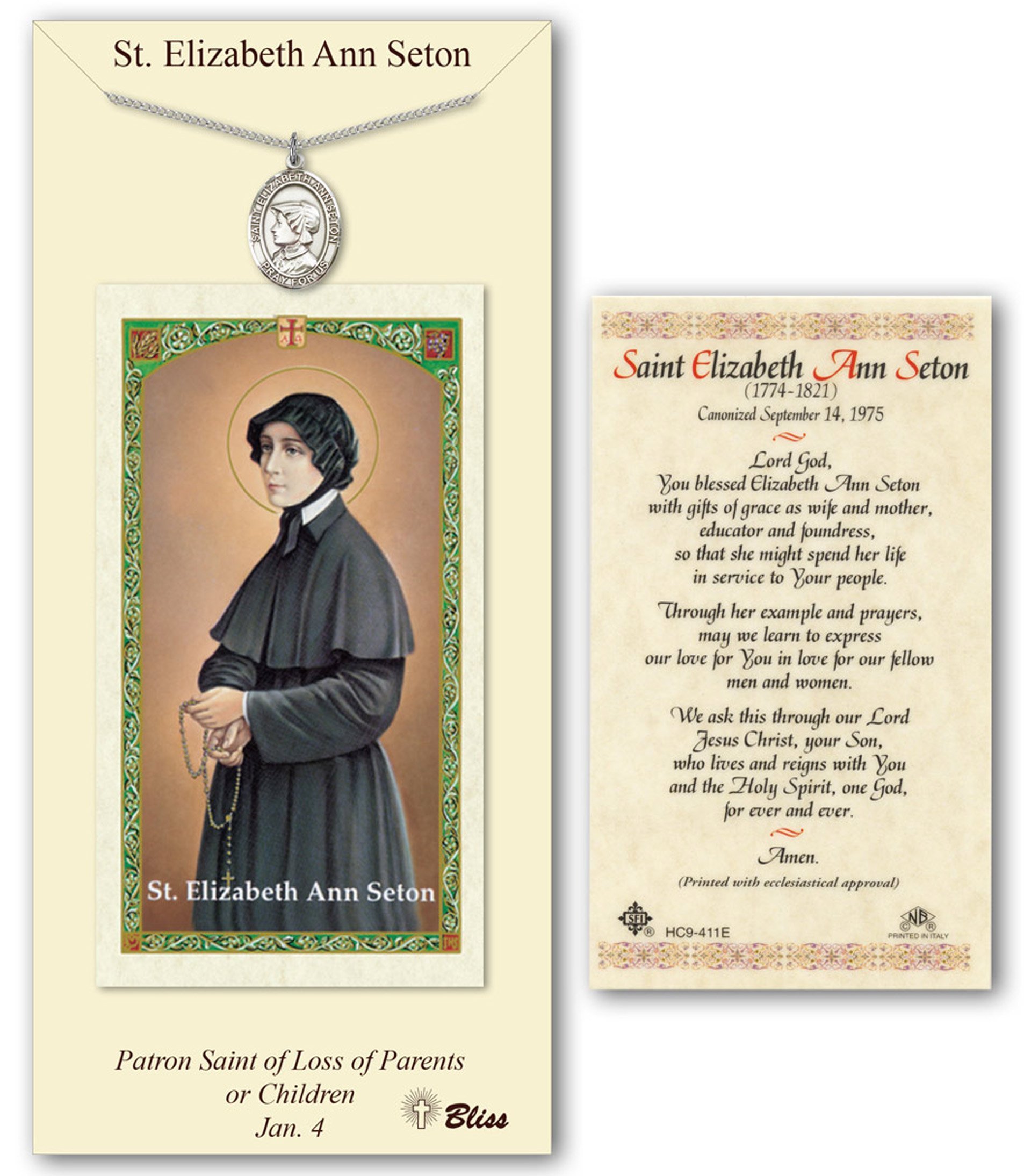 Bonyak JewelryPewter St. Elizabeth Ann Seton Medal on an 18 inch Lite Curb Chain with a Prayer to St Elizabeth Anne Seton Prayer Card.