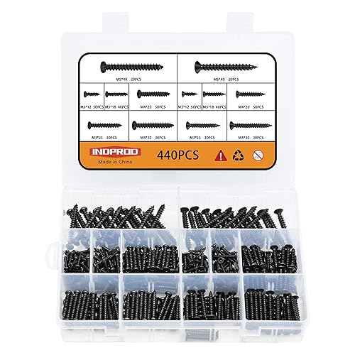 Juego surtido de 440 tornillos para madera M3 M4 M5, tornillos autorroscantes de acero al carbono de alta dureza, cabeza redonda y cabeza plana, kit